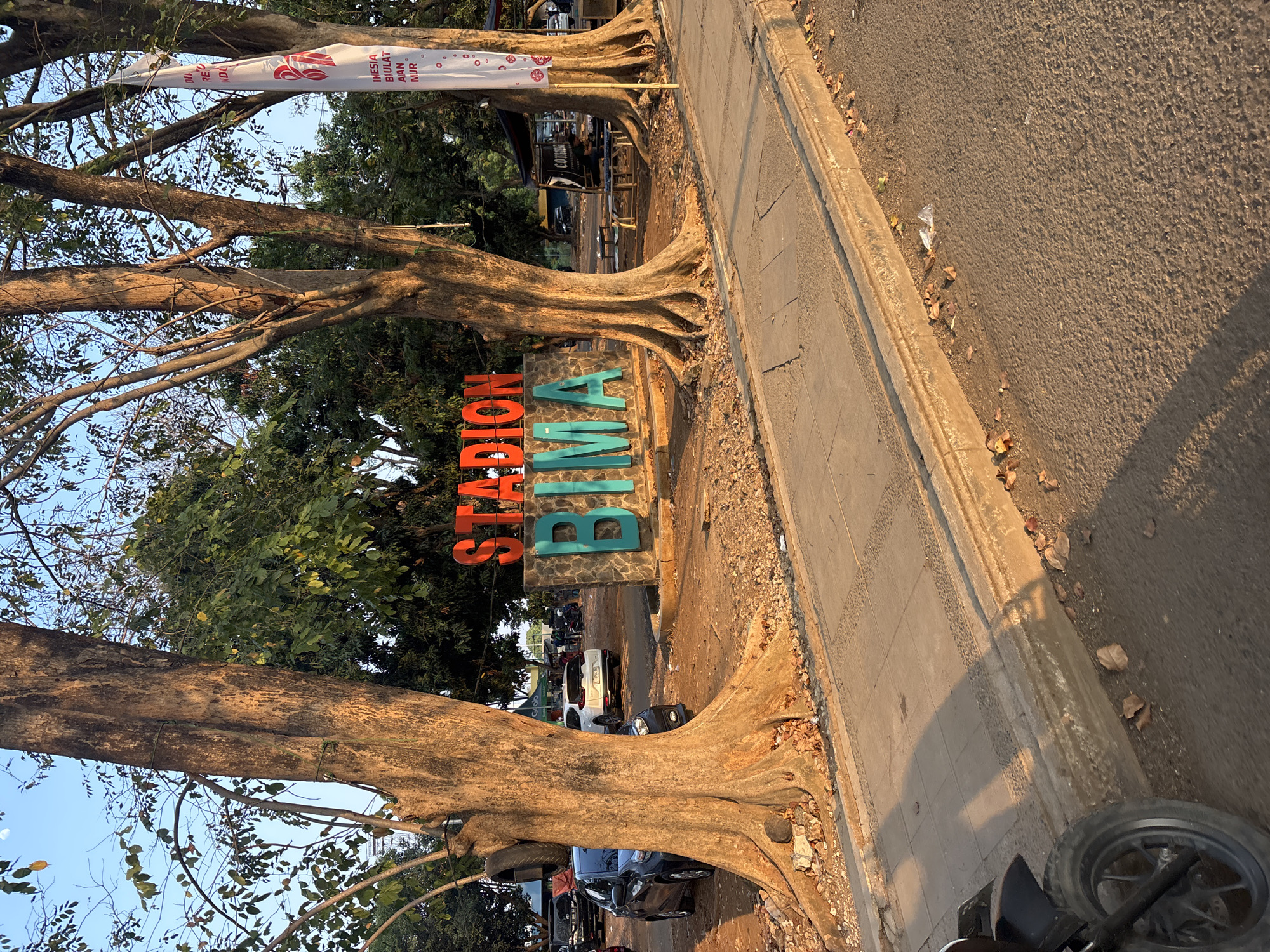 The image shows the "STADION BIMA" sign in Cirebon, Indonesia, situated outdoors with several large trees in the foreground and midground. The sign features large, raised, orange and teal letters spelling out "STADION BIMA". Behind the sign, a white flag with red lettering is visible, along with some parked cars, motorcycles, and what appears to be a food stall or small shop. The ground is a mix of dirt, gravel, and a paved walkway, with dry leaves scattered around. The scene is illuminated by warm, low sunlight, suggesting it might be late afternoon or early morning.