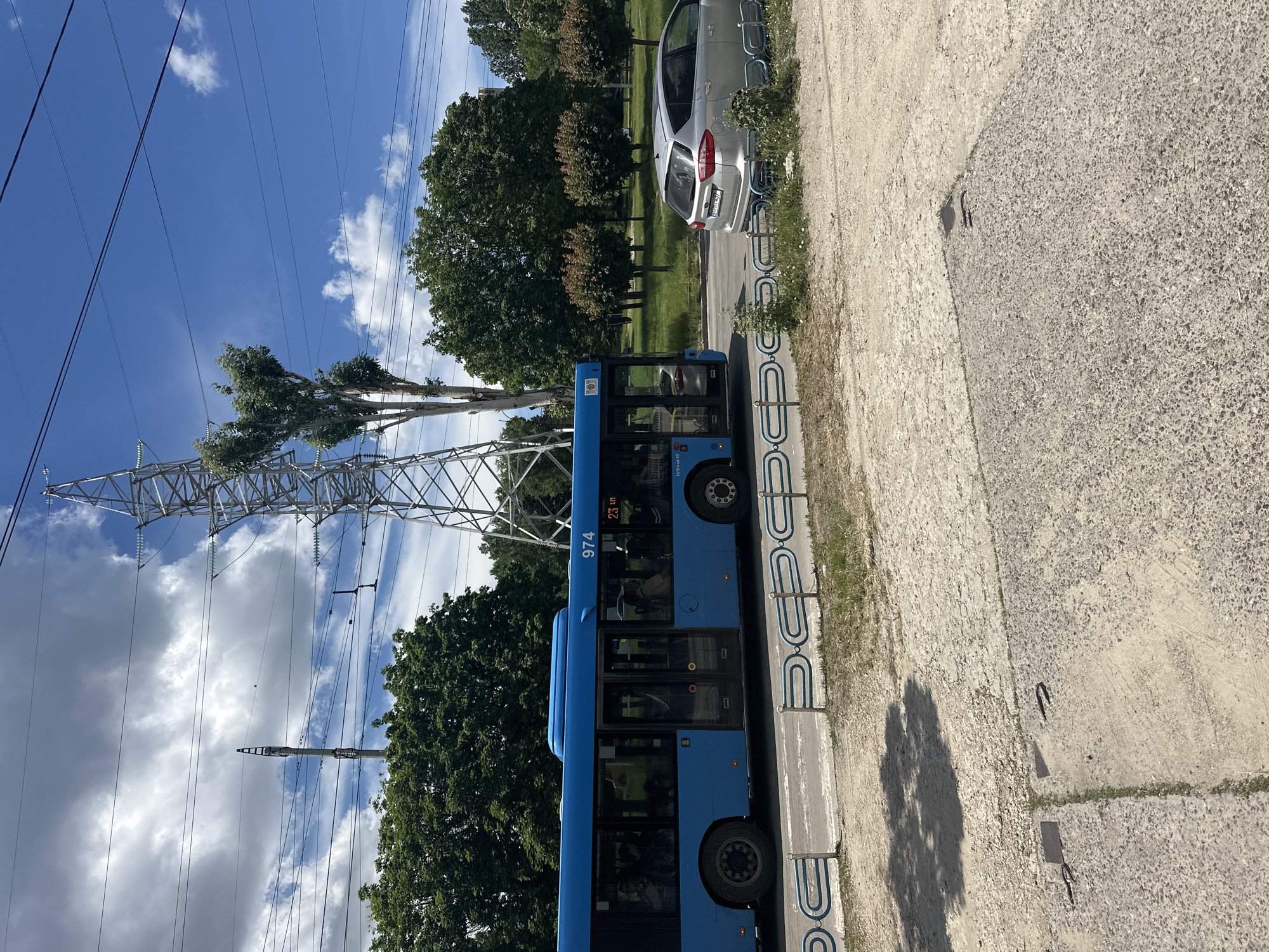A blue public bus with the number 974 displayed on its front is traveling along a road in Chișinău, Moldova. The bus is a left-hand drive vehicle and appears to be carrying passengers. To the right of the bus, a silver car is parked on the side of the road. In the background, a large electrical pylon and transmission lines dominate the sky, which is partly cloudy. Several trees, including a cluster of deciduous trees and a more sparse, tall tree, are visible, as are some smaller, ornamental trees. The ground in the foreground is a mixture of gravel and paved surfaces. A low, blue and white metal fence runs along the edge of the road. The scene suggests an urban or suburban setting with significant infrastructure for power transmission.