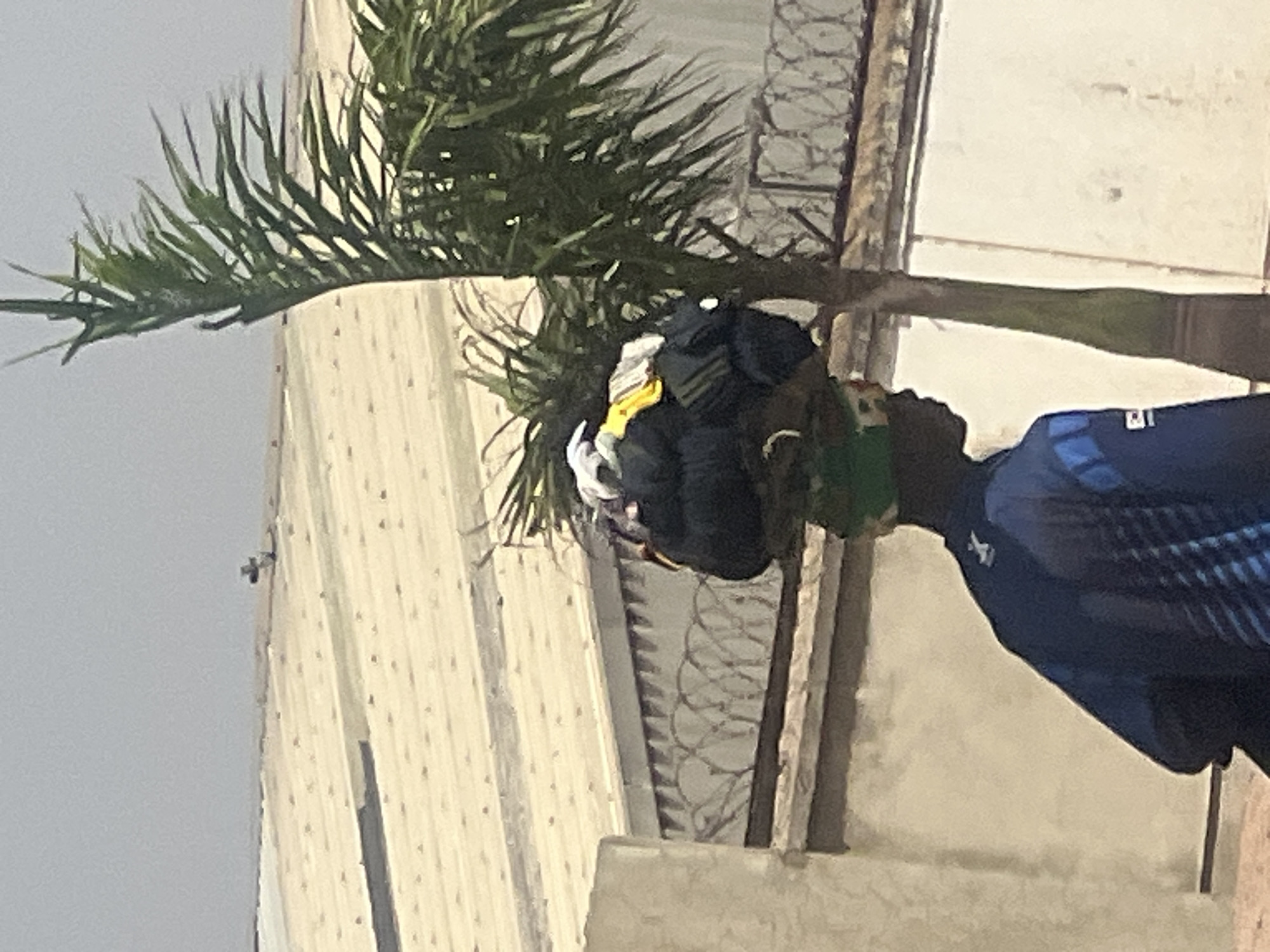 A person wearing a blue shirt carries a load of items on their head, walking along a street in Barakin Lerawi, Nigeria. The load appears to be comprised of black bags and other miscellaneous items. Behind the person is a building with a corrugated metal wall and razor wire. A palm tree is visible to the left of the person. The sky is overcast.