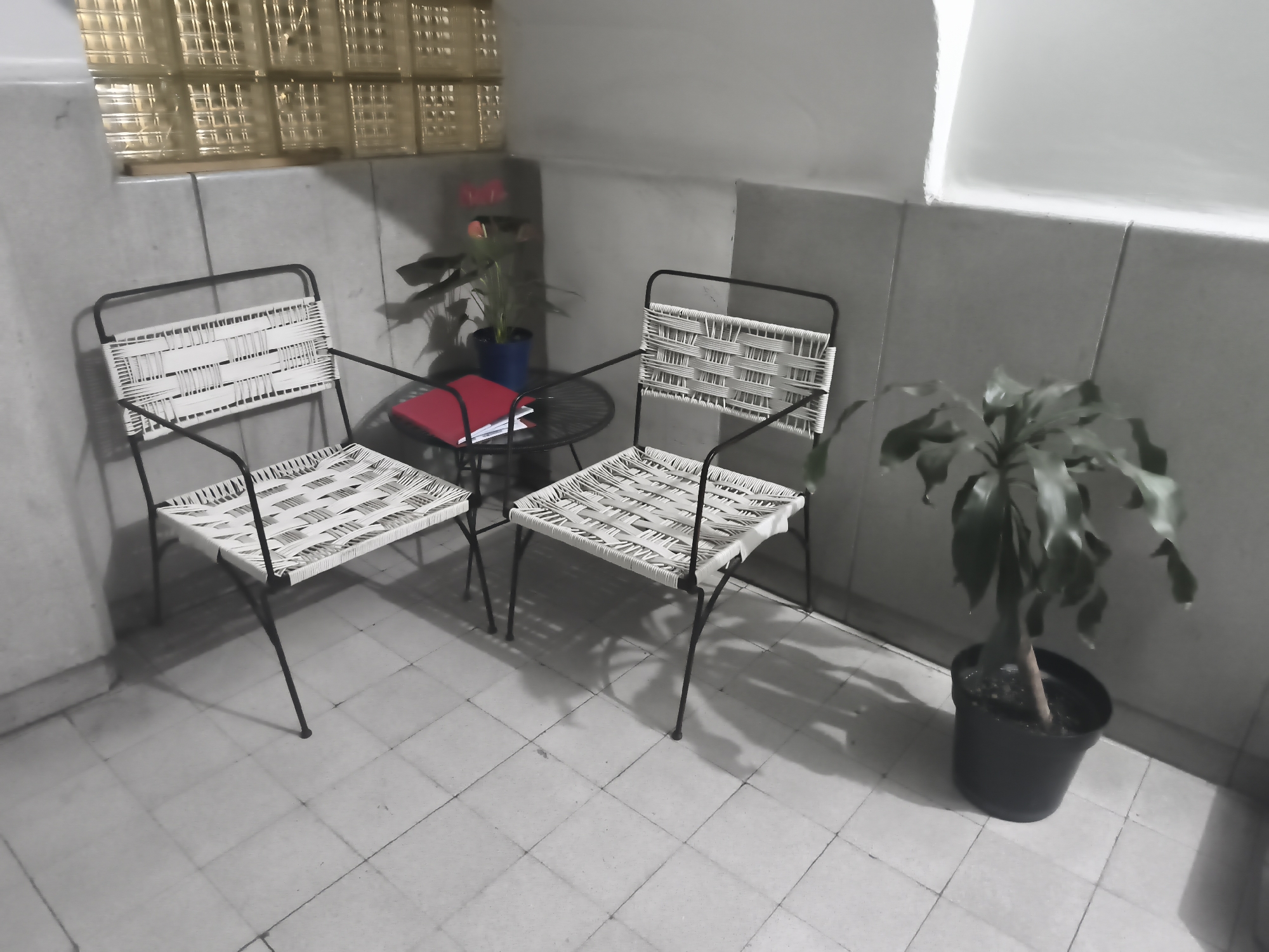 The image shows an indoor space in Mexico City, Mexico, possibly a balcony or enclosed patio, furnished with two black-framed chairs with woven white seats and backs. Between the chairs is a small black table topped with a red notebook and other items. A potted plant with red flowers sits on the table. To the right of the chairs is a larger potted plant with green leaves. The floor is tiled, and a glass brick window is visible in the background. The overall lighting is dim.