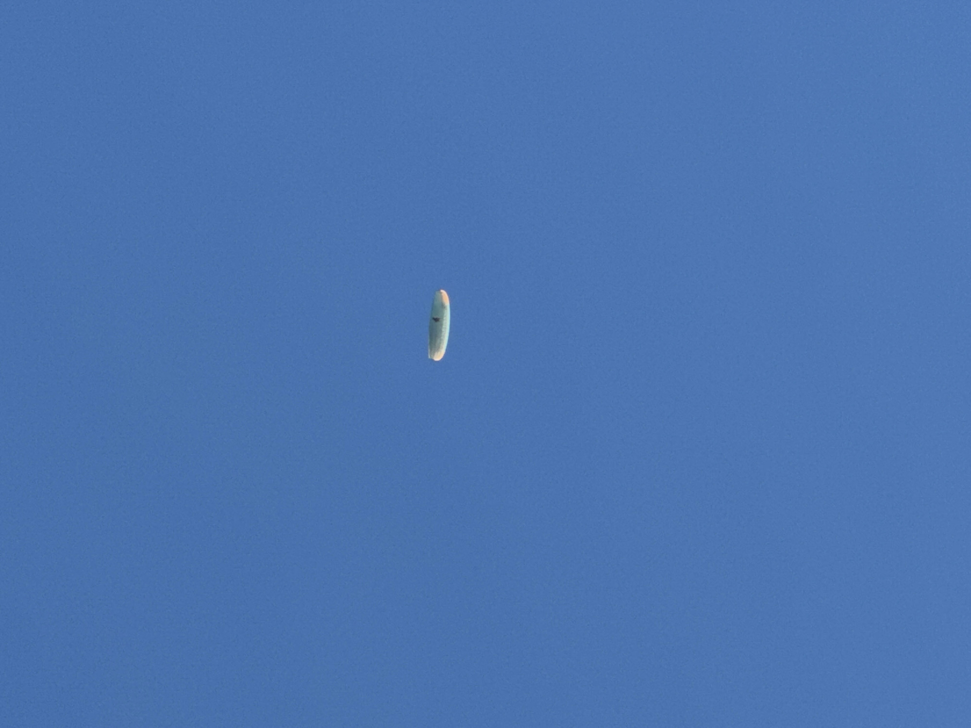 An aerial view captures a single paraglider canopy suspended against a vast, clear, and uniformly deep blue sky. The canopy, the sole subject in the frame, is an elongated, somewhat deflated oval shape, exhibiting light colors such as white, pale blue, and faint yellow hues. It appears to be in a transitional state of flight or inflation. No individuals are visible. The bright, even illumination suggests a daytime setting with excellent visibility and no clouds. This activity is consistent with paragliding in Fethiye, Turkey, a renowned location for the sport. No text is visible.