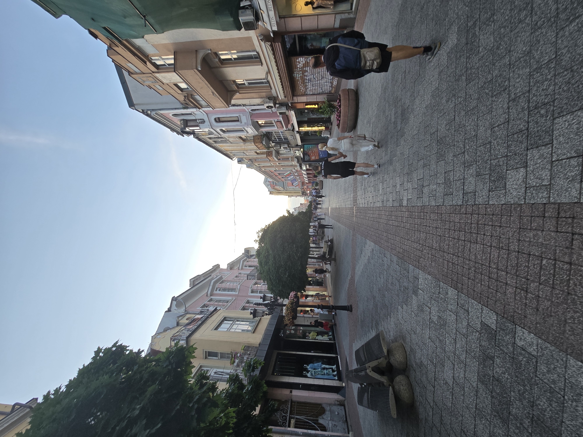 A lively pedestrian street in Plovdiv, Bulgaria, is captured in the late afternoon or early evening under a clear, bright sky. The sun casts long shadows, indicating good weather. The street is lined with multi-story buildings on both sides, featuring diverse architectural styles, balconies, and ground-level shopfronts with display windows. Some buildings display colorful facades, ranging from pale pinks and yellows to more muted tones.
Several people are visible, casually walking along the paved walkway. In the foreground, a man wearing a dark top, shorts, and a shoulder bag strides forward. Further down the street, another two individuals, one in white and one in dark clothing, are also walking. Other figures can be seen in the distance, suggesting a moderately busy urban environment.
The pedestrian area features different patterns of gray and reddish-brown paving tiles. Street furniture includes planters filled with flowers, benches, and streetlights. Greenery from trees and bushes adds a natural element to the urban landscape, particularly on the left side of the street. Air conditioning units are visible on some building exteriors. Visible text includes a shop sign that reads "REDS" and another partial sign that appears to say "SKIES". The scene conveys a calm, everyday atmosphere in a European city center.