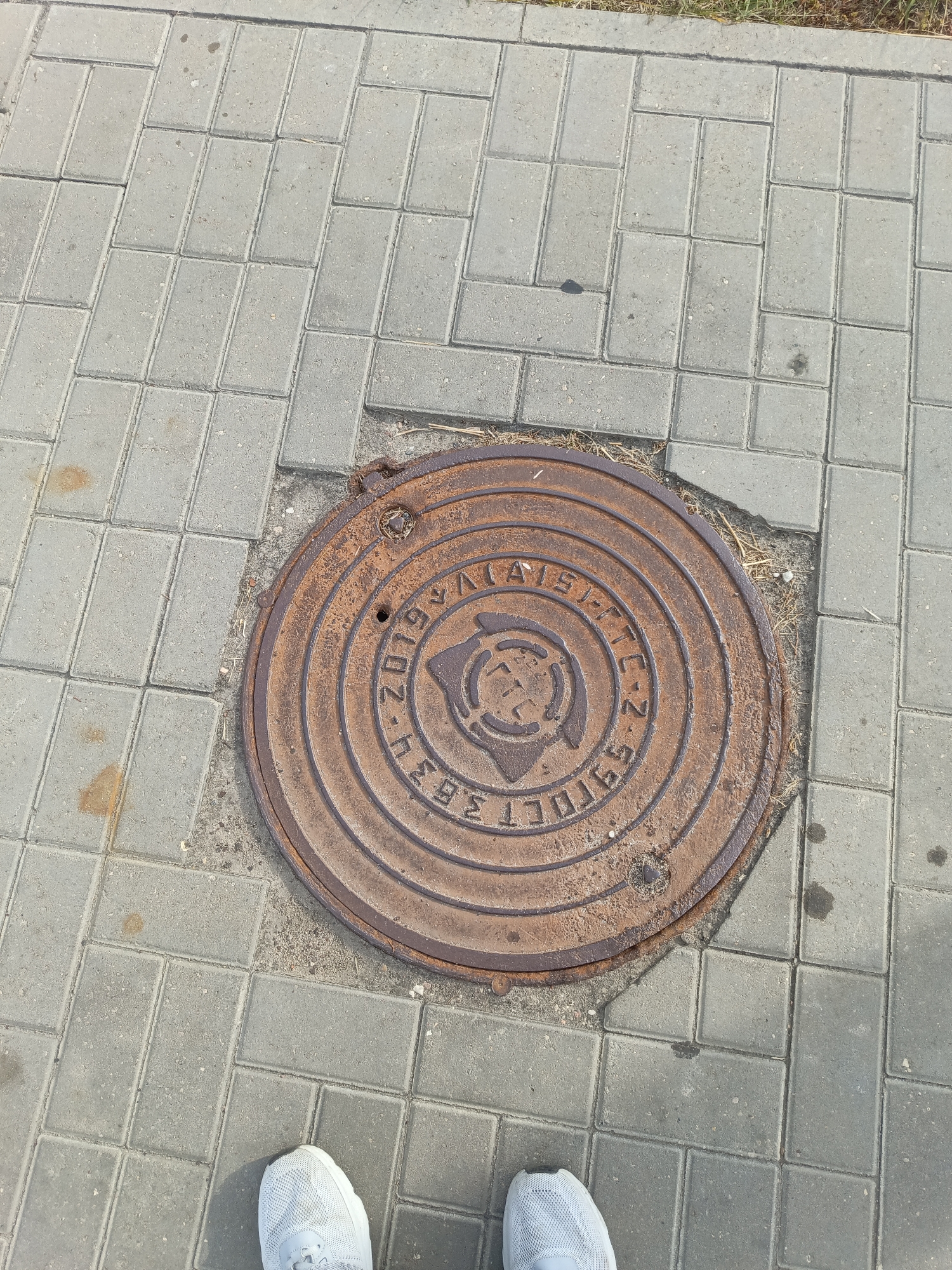 The image shows a close-up, high-angle view of a rusted circular manhole cover embedded in a gray, rectangular paver sidewalk. The manhole cover features concentric circles and embossed text and symbols, including what appears to be a depiction of a gear or cogwheel with stylized figures inside, and Cyrillic lettering that reads "ГОСТ 3634-2019" and possibly other partial text. The sidewalk pavers are arranged in a staggered pattern. In the lower portion of the image, the tops of two white sneakers are visible, indicating the presence of a person standing over the manhole. The environment appears to be an outdoor urban setting, possibly a street or pathway, with scattered dry grass and debris around the manhole. The lighting suggests it is daytime.