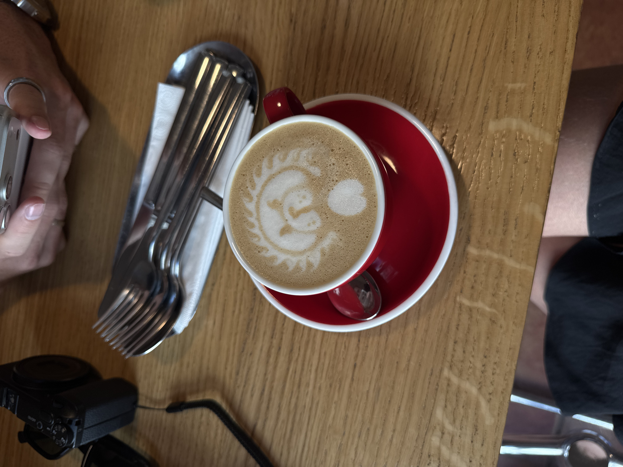 A close-up, high-angle shot captures a red coffee cup with latte art of a lion's face and a heart on a wooden table. The cup sits on a matching red saucer, accompanied by a silver spoon. To the left, a black camera is partially visible, and further back, a set of cutlery rests on a silver tray lined with a white napkin. In the background, a person's hands are seen, one wearing a silver ring, holding a smartphone. The scene is set in Belgrade, Serbia, likely within a cafe or restaurant.