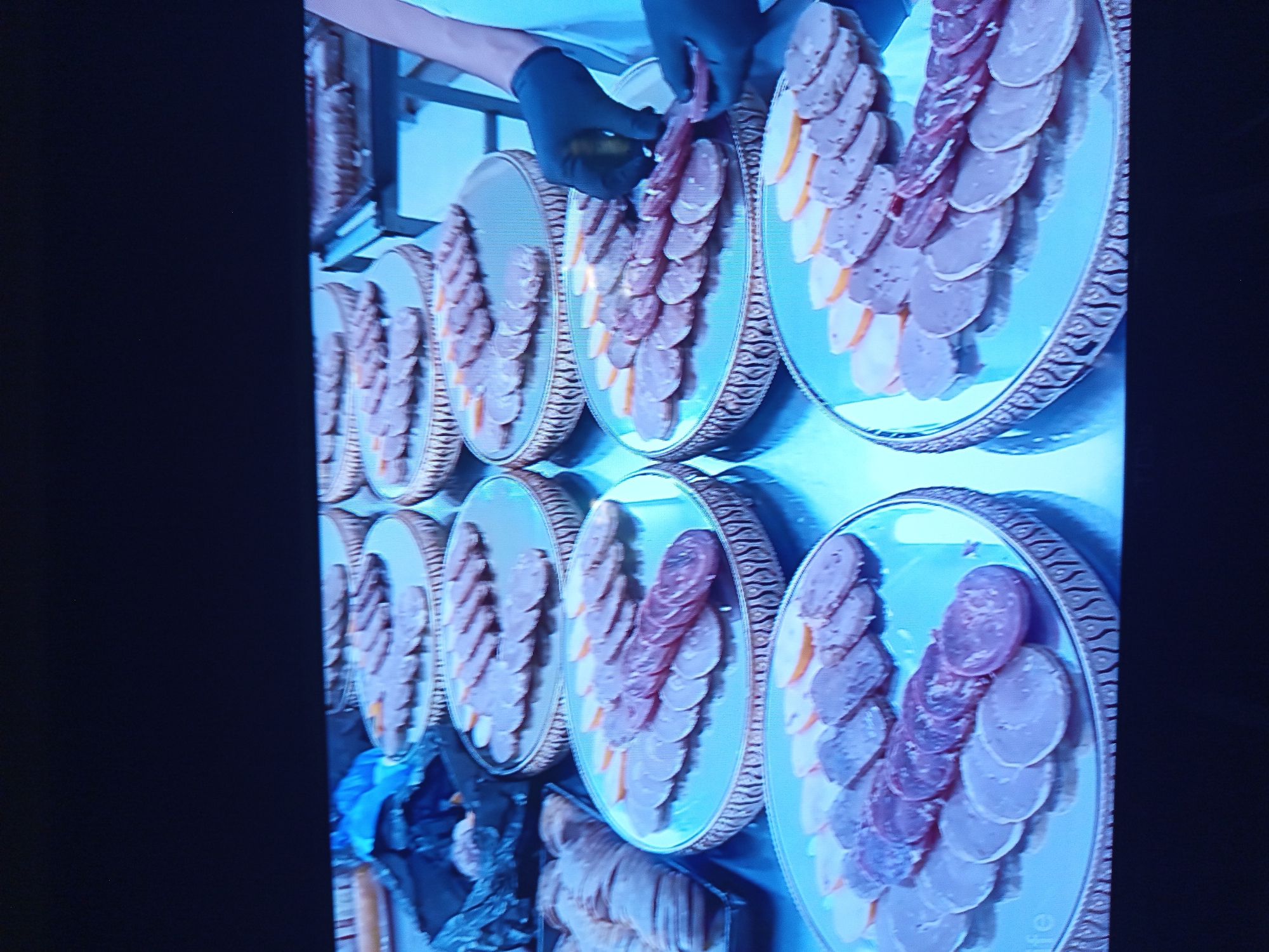 The image depicts a close-up, slightly blurry view of a buffet or food preparation area, likely indoors. Multiple circular, silver platters are filled with sliced meats and possibly other food items. The platters are arranged on a dark-colored surface. In the foreground, a person's hands, wearing black gloves, are visible handling some of the food. To the left, there's a tray containing more sliced meat. The lighting is somewhat harsh, creating reflections on the metallic platters. The overall scene suggests a catered event or a professional kitchen setting. There is no visible indication of the city of Pavlohrad, Ukraine, within the image itself.