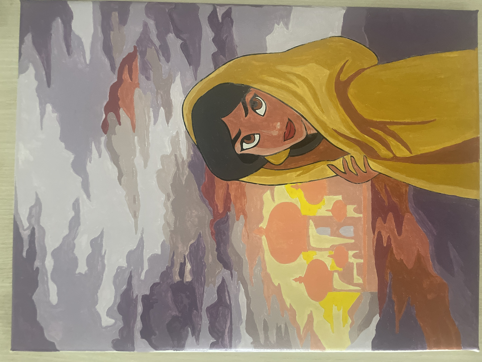 The image is a painting of Princess Jasmine from Disney's Aladdin, set against the backdrop of the Cave of Wonders, not Saratov, Russia. Jasmine is depicted wearing a yellow cloak, partially covering her head. The cave's interior features stalactite-like formations in various shades of gray and purple on the left side. On the right, the treasure within the cave is suggested by stylized orange and yellow shapes resembling lamps and other artifacts. The painting style is cartoonish and uses solid blocks of color with minimal blending.