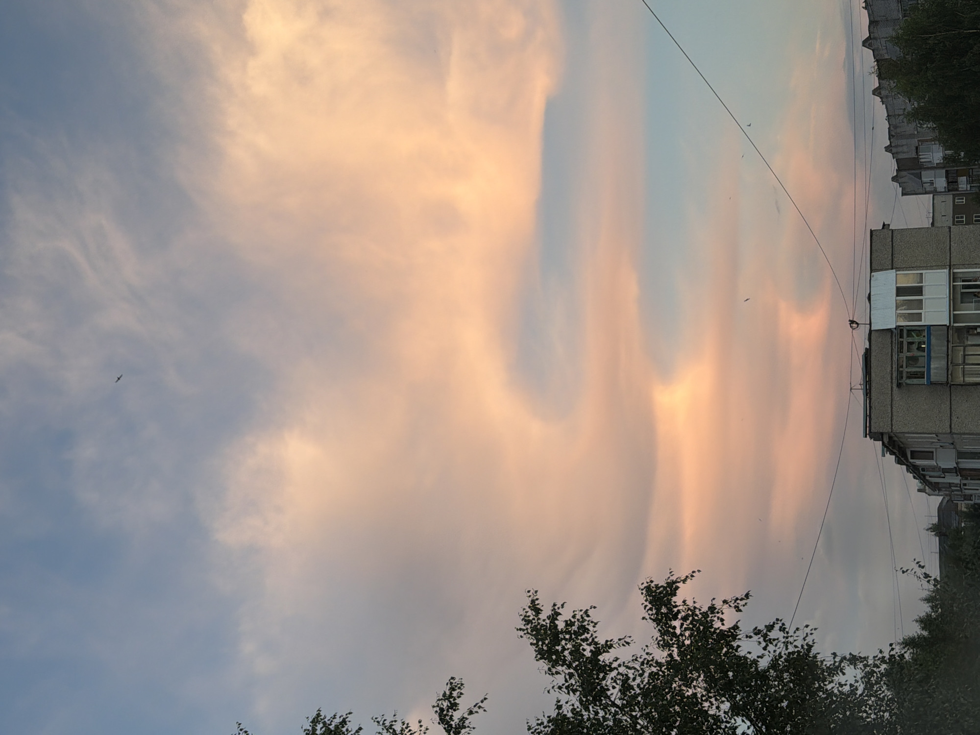 A photograph captures a wide-angle view of a sunset in Solikamsk, Russia, with buildings silhouetted against a sky filled with dramatic clouds. The clouds are tinged with hues of pink, orange, and yellow, illuminated by the setting sun, contrasting with the cooler blue tones of the upper sky. In the foreground, to the left, a portion of a leafy tree is visible, its dark green foliage adding a contrast to the colorful sky. Several buildings, appearing to be apartment blocks, are visible in the lower portion of the frame. One building in the center has a light-colored facade and several windows, including a balcony with white trim. Power lines are visible strung across the sky. A few small birds are depicted as dark specks in the sky.