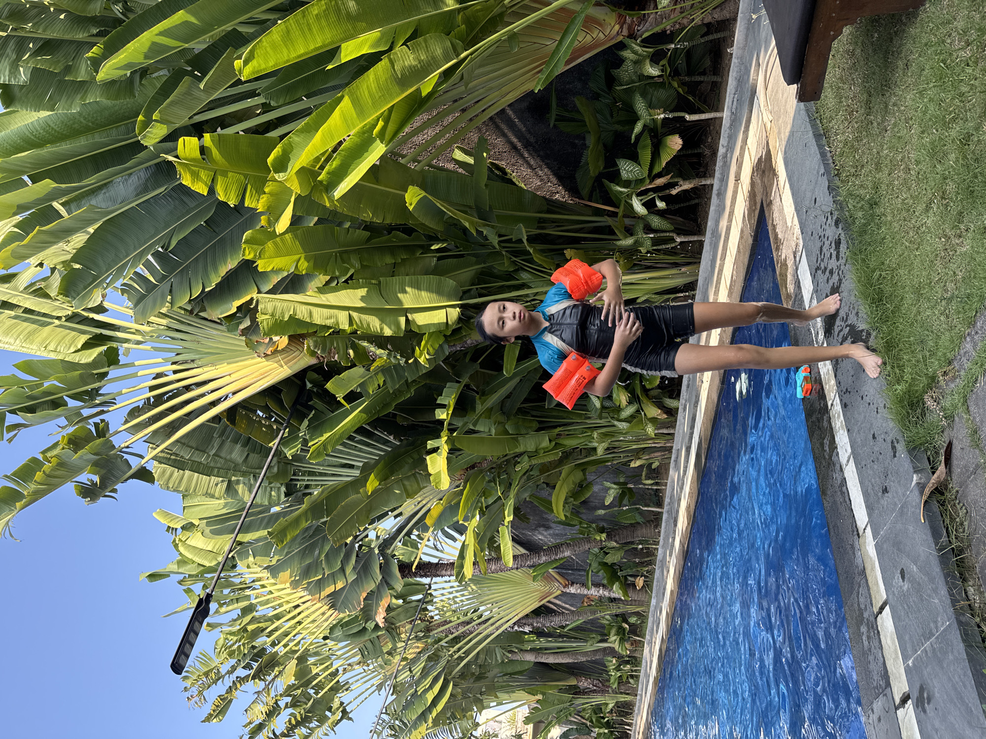 A young person wearing a black and blue swimsuit and orange arm floaties stands near a bright blue swimming pool. The person is positioned facing the camera, with their arms bent at the elbows and their hands resting on their hips. They are wearing dark shorts and a top with blue accents. The setting is tropical, with large, lush green banana leaves and palm fronds dominating the background. Sunlight filters through the leaves, creating dappled shadows on the ground. The pool is surrounded by dark gray stone tiles and a grassy area. A long, dark object, possibly a pool skimmer or a pole light, extends from the left side of the frame. The sky above is a clear, bright blue. The lighting suggests it is daytime, likely late morning or early afternoon, with strong sunlight. The overall mood is relaxed and summery, hinting at a vacation or a leisure activity. There is no visible text in the image.
