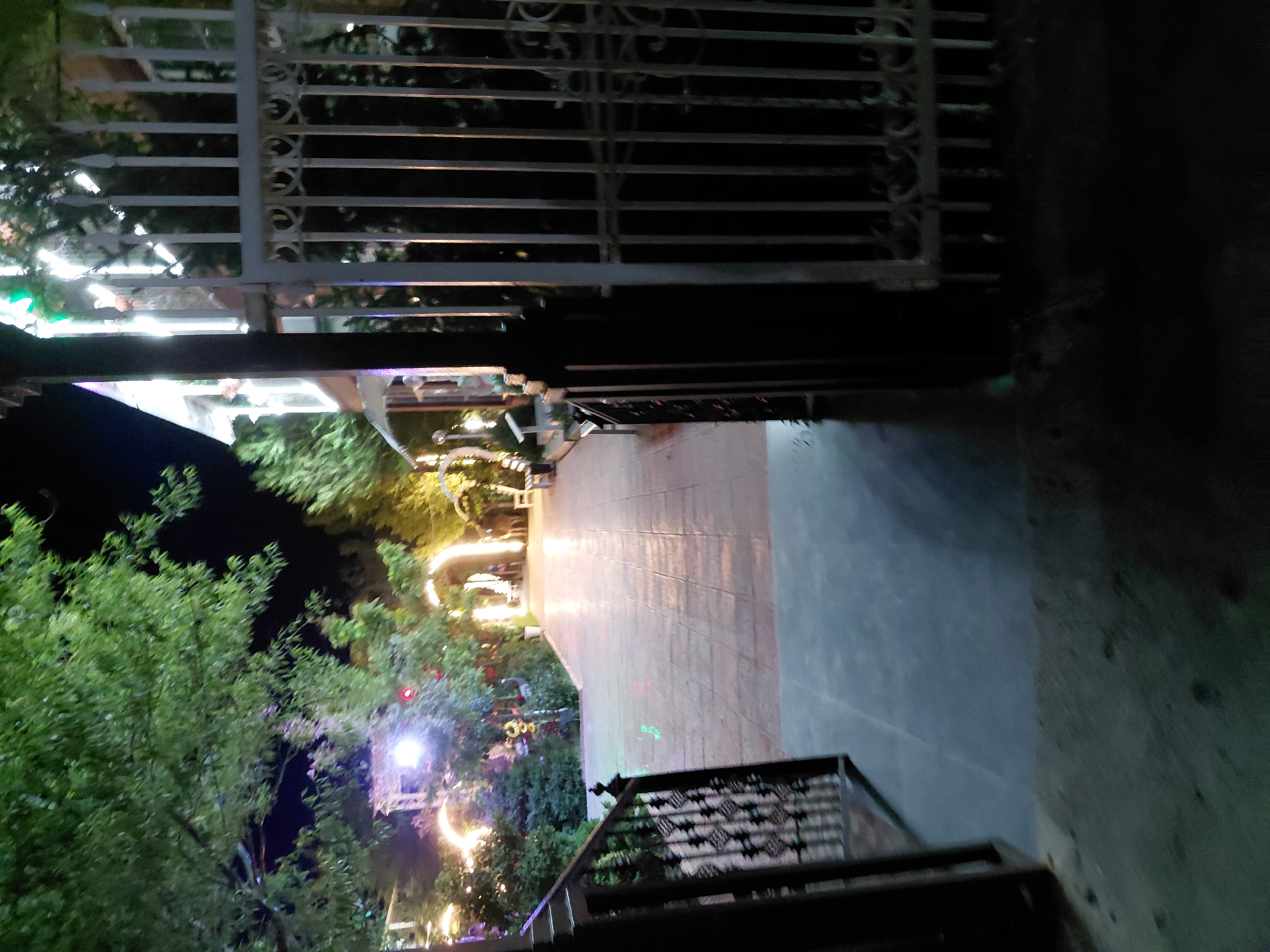 The image depicts a dimly lit outdoor scene, likely at night, with decorative lighting. A metal gate with intricate patterns forms the foreground on the left side, partially obscuring a path leading into the distance. The path appears to be paved with a textured material and is illuminated by warm, yellowish lights, possibly string lights or lanterns, that are draped around trees and structures. Lush green foliage, some adorned with lights, flanks the path, creating a festive and somewhat magical atmosphere. In the background, hints of buildings or structures can be seen, also illuminated by various lights. The overall impression is one of a beautifully decorated outdoor space, possibly a garden or a public area, set up for an evening event or celebration. The time of day is clearly night due to the darkness and the reliance on artificial lighting. The location context suggests this is in Ақши, Kazakhstan. There are no people visible in the frame, and no text is discernible.