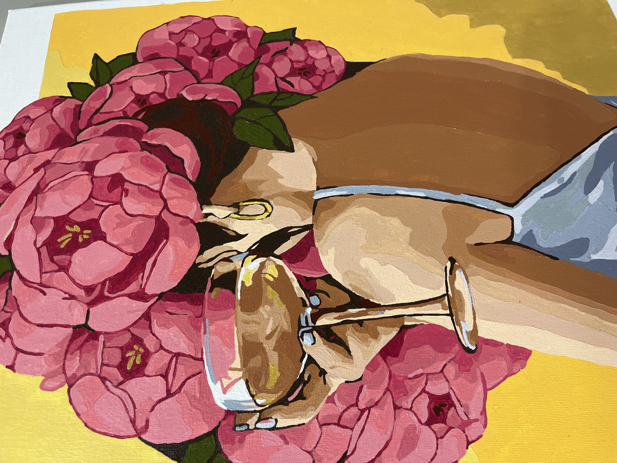 A painting depicts a person from behind, adorned with a large floral headdress of pink peonies. The person is holding a champagne flute filled with a golden liquid. They are wearing a light blue dress with thin straps. The background is a vibrant yellow. The painting appears to be on canvas. There is no discernible connection to Ustyvytsia, Ukraine.