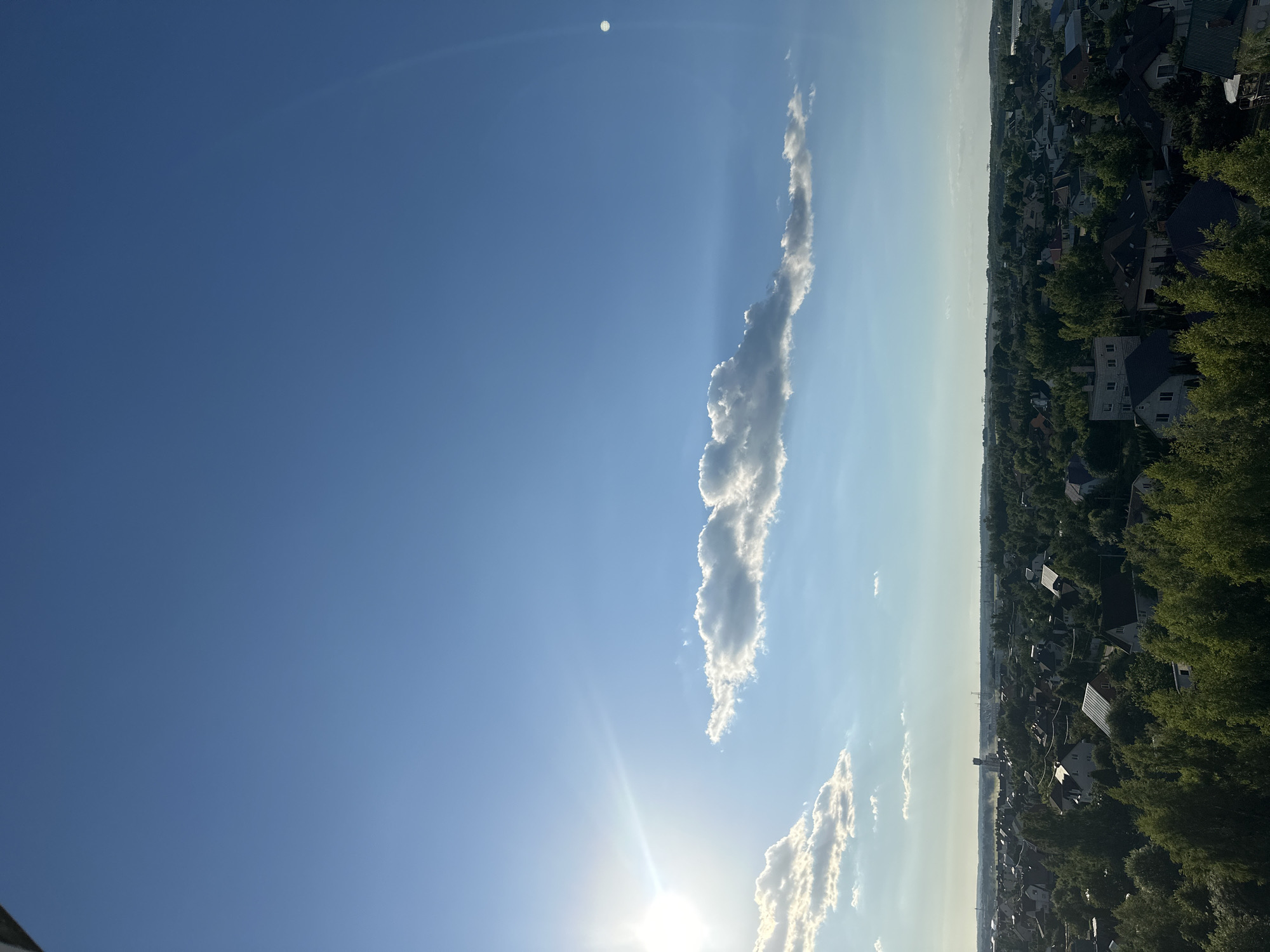 This is an aerial, high-angle, medium shot of a suburban residential area on a clear day, with the sun shining brightly in the upper left quadrant. The sky is a vibrant blue, with a long, wispy cloud stretching horizontally across the middle of the frame. Below the sky, a dense canopy of green trees covers the majority of the image, interspersed with the rooftops of numerous houses. The houses appear to be of varying sizes and architectural styles, predominantly single-family dwellings with pitched roofs. In the distance, on the horizon, hints of more urban or industrial structures can be discerned, along with a water tower. The overall impression is one of a sun-drenched, leafy suburban landscape. The location is identified as Schomyslickaje Village Council, Belarus. There are no people or overt actions visible in the frame.