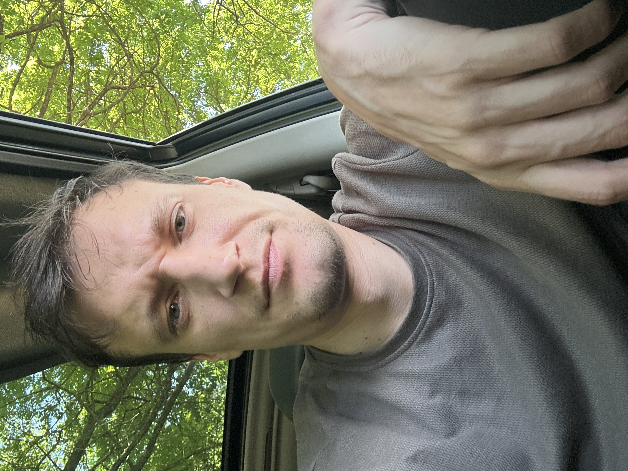A man with fair skin, brown hair, and blue eyes is taking a selfie in a car. He is wearing a grey t-shirt. His left arm and hand are resting on the car door. Sunlight filters through green trees visible through the car's sunroof and open window. The car appears to be parked on a street in Makiv, Ukraine, with lush foliage suggesting a warm season.
