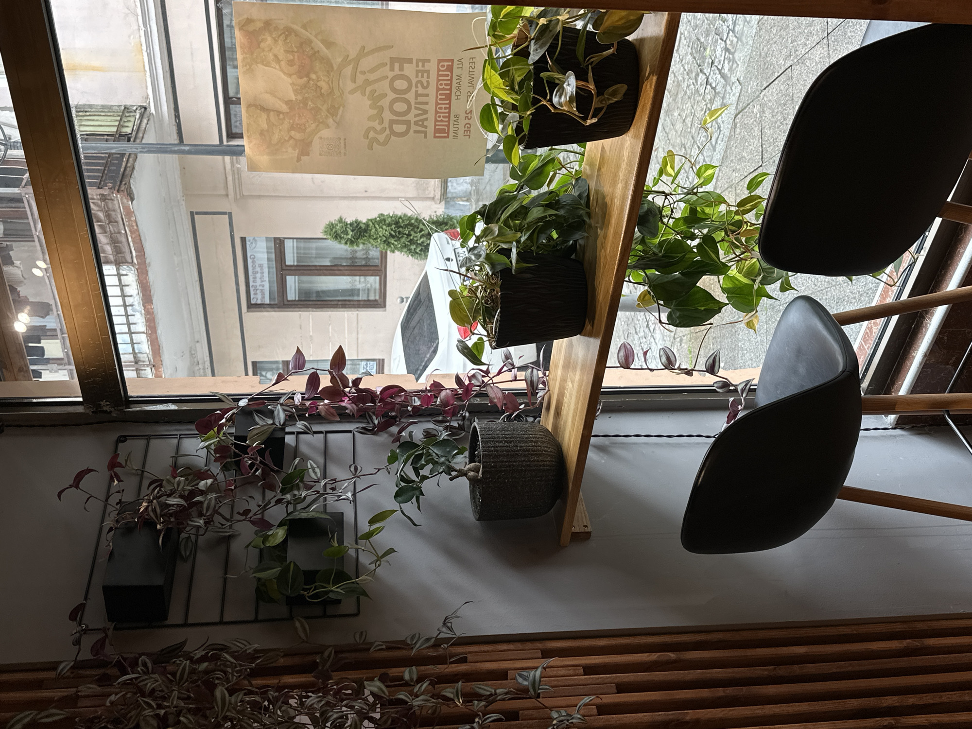 The photograph, taken indoors, captures a window view in what appears to be a cafe or restaurant in Batumi, Georgia. The exterior view through the window shows a street with buildings and a white vehicle, possibly a car. A poster with text, likely advertising a food festival, is affixed to the glass.
Inside, the decor includes shelves holding potted plants, adding a touch of greenery. There are two chairs positioned nearby, suggesting seating for customers. The composition of the scene includes a mix of natural light coming in through the window and the interior lighting of the cafe. There is a wooden slat-like structure in the lower right. The overall impression is that of a relaxed, casual environment.