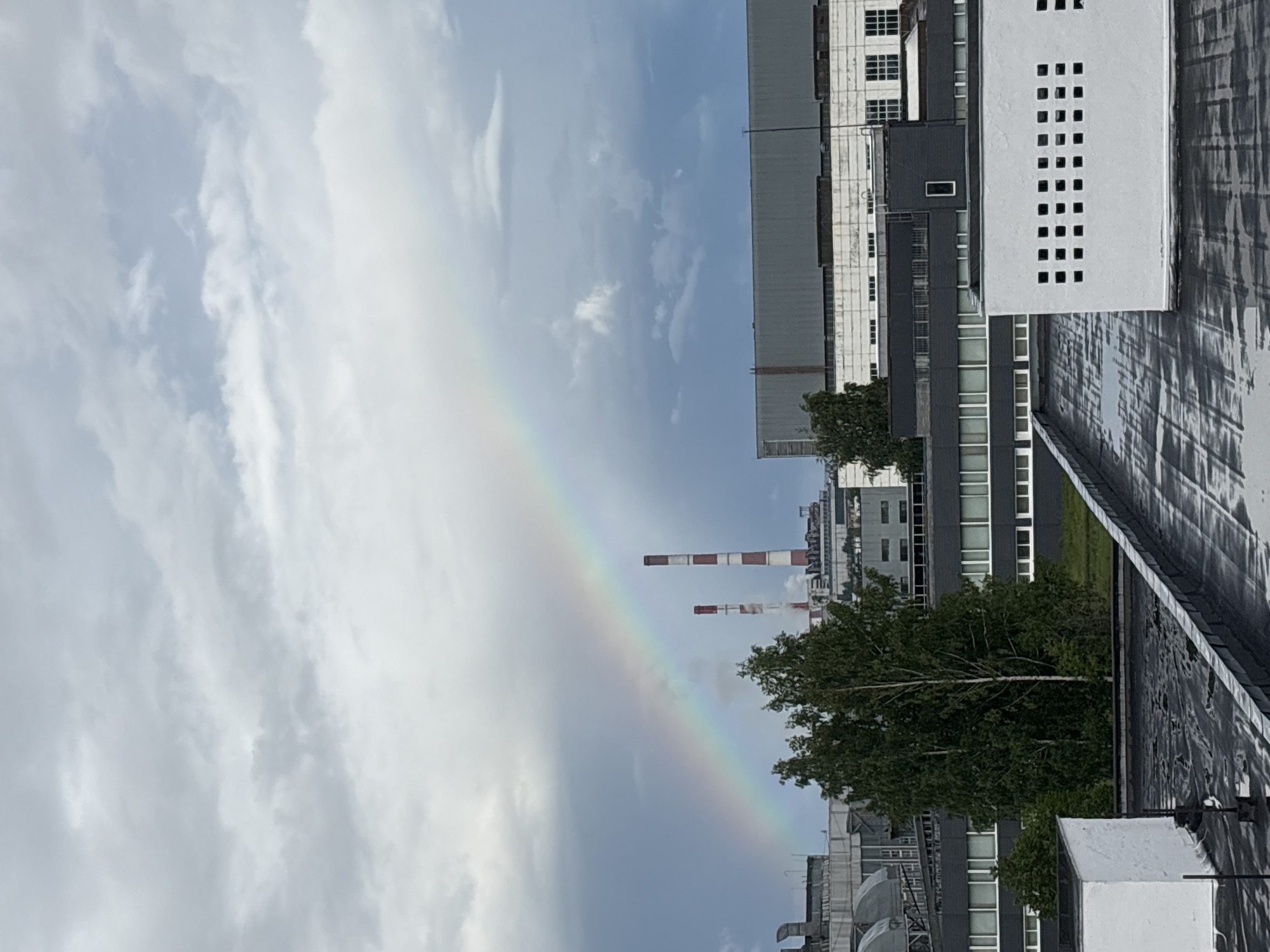 The image captures an industrial urban landscape under a partly cloudy sky, with a vibrant rainbow as a central feature. The scene is oriented vertically in the original, but viewed horizontally for description.
A clear rainbow stretches across the sky, arcing from the lower left towards the upper right of the frame, indicative of recent rain and sunlight. The sky itself is a mix of light blue patches and soft white clouds.
In the middle and background, several multi-story buildings dominate the landscape. To the right, a distinctive white building with a pattern of evenly spaced square windows or openings is visible, its roof extending into the foreground. Adjacent to it are darker grey industrial buildings with numerous rectangular windows. Further in the distance, two tall, slender smokestacks with alternating red and white stripes rise above the buildings; one of them is emitting a plume of white smoke or steam.
A large, leafy green tree is prominently featured in the middle ground, its foliage contrasting with the surrounding concrete and steel structures. Smaller trees are also scattered throughout the scene. The foreground consists of rooftops, one appearing dark and textured, possibly a weathered flat roof, and another clean and white.
The image depicts a daytime scene, likely after a rain shower given the rainbow's presence. The overall impression is one of an active industrial area in Izhevsk, Russia, where natural phenomena like a rainbow momentarily soften the hard lines of human construction. No visible text is present in the image.