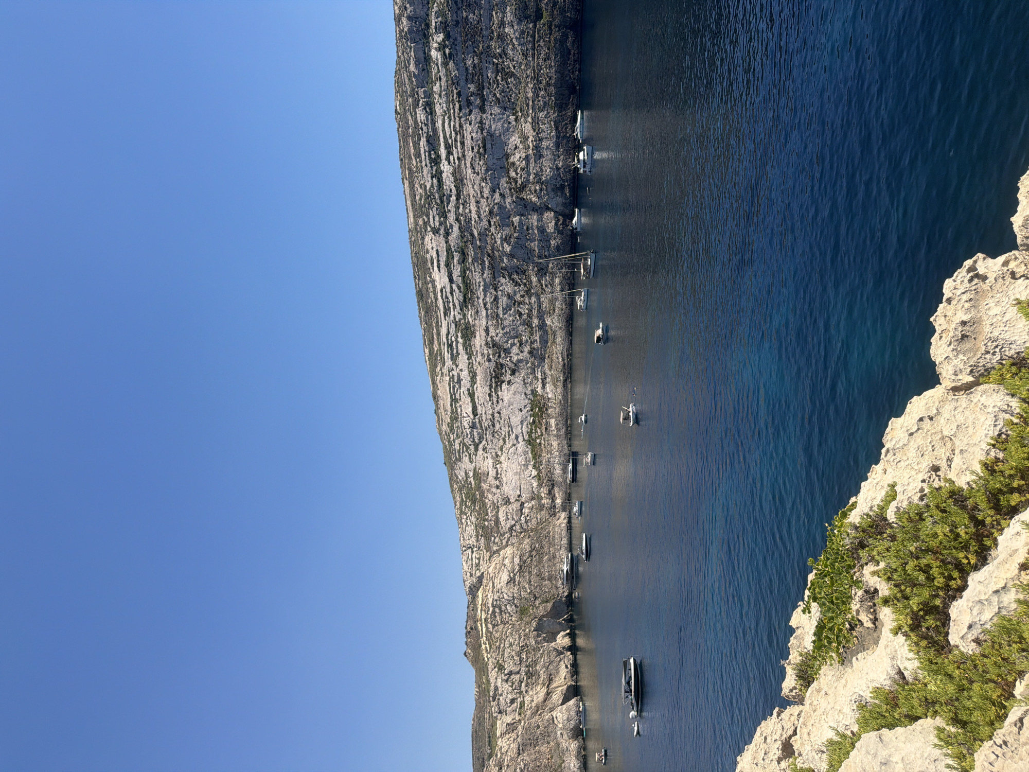 The image shows a scenic view of the Dwejra Bay in San Lawrenz, Gozo, Malta. The bay is filled with several boats, including yachts and smaller motorboats, anchored in the clear blue water. The background is dominated by imposing limestone cliffs, characteristic of the Maltese archipelago. The sky above is a clear, vibrant blue, indicating a sunny day. In the foreground, the rocky shore is covered with sparse green vegetation, adding texture and color to the scene. The overall impression is one of a tranquil Mediterranean seascape, popular for leisure and water activities.