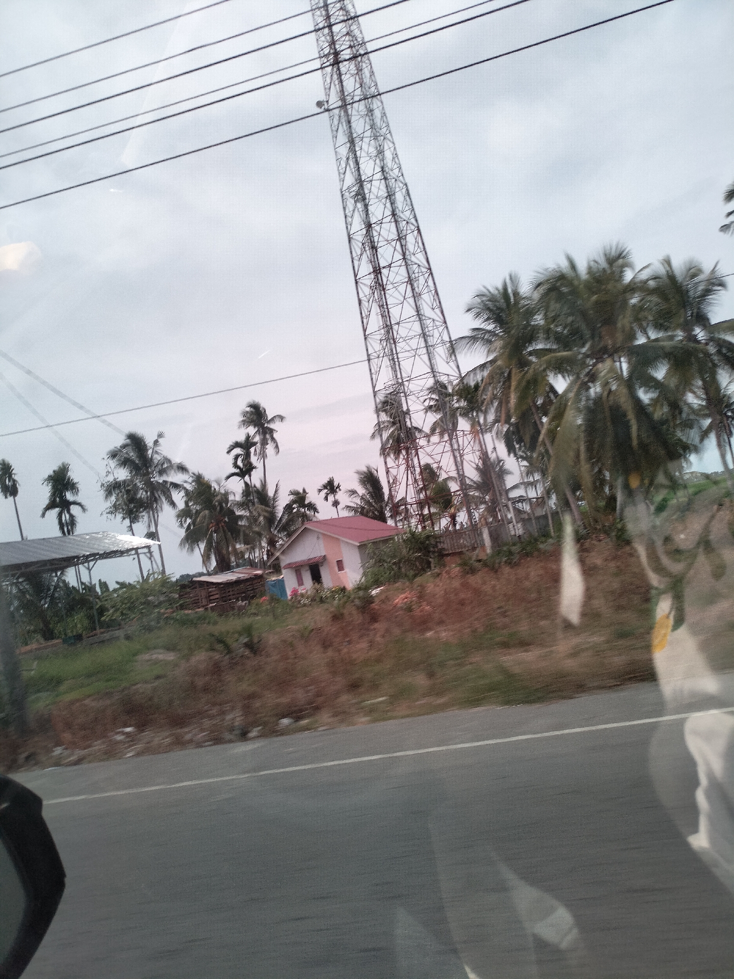 The image captures a scene near Putoh Sa, Indonesia, likely from a moving vehicle. A towering lattice telecommunications tower dominates the right side of the frame, its metal structure stark against an overcast sky. Several power lines stretch horizontally across the upper portion of the image. Below the tower and stretching towards the left, a cluster of coconut palm trees with their distinctive fronds are visible. In the mid-ground, a small, pink-roofed building with white and orange walls sits amongst the foliage. To the left of this building, a structure with a metal roof supported by poles suggests an outdoor shelter or workshop. The foreground shows a paved road with a white lane marker, indicating it's a thoroughfare. The ground alongside the road is covered with dry, brown vegetation and some scattered debris. Reflections on the surface from which the image was taken are also present, particularly on the right side, obscuring some of the details in the foreground and mid-ground.