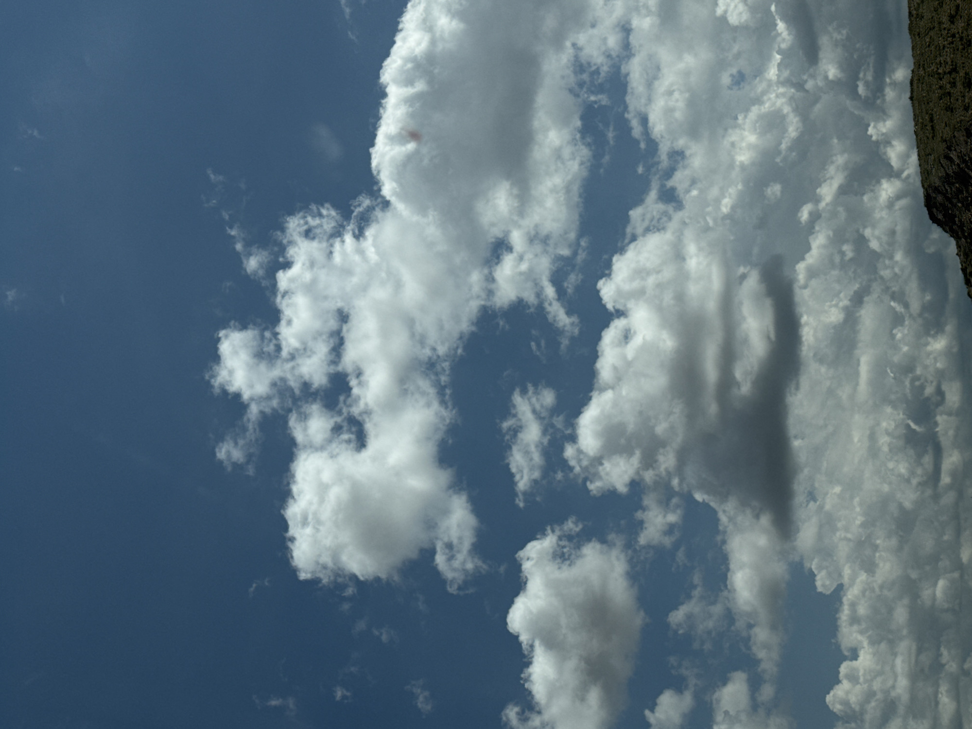 A wide-angle shot captures a vast expanse of a bright blue sky filled with a variety of white and gray clouds. The clouds range from wispy and thin to thick and cumulus formations. In the lower right corner of the image, a dark, rugged hillside covered in green vegetation is visible. This hillside appears to be a natural landscape, possibly on the outskirts of the city of Kyzyl-Tuu, Kyrgyzstan, where the sky dominates the frame. There are no people or man-made structures clearly identifiable in the scene.