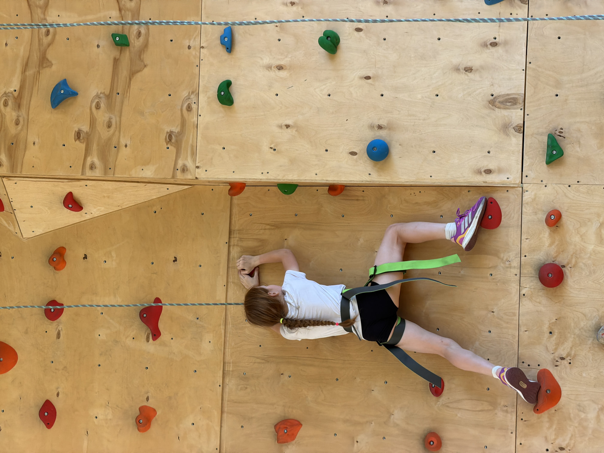 A girl with auburn hair braided into a ponytail and secured with a pink scrunchie is rock climbing indoors on a plywood wall. She is wearing a white t-shirt, black shorts, white socks, and maroon and white athletic shoes. A grey and green climbing harness is fitted to her waist. She is holding onto red and orange climbing holds. The climbing wall has additional climbing holds in shades of blue and green. A grey rope is secured along the top of the wall. The location is unknown, and there is no indication it is Izhevsk, Russia.