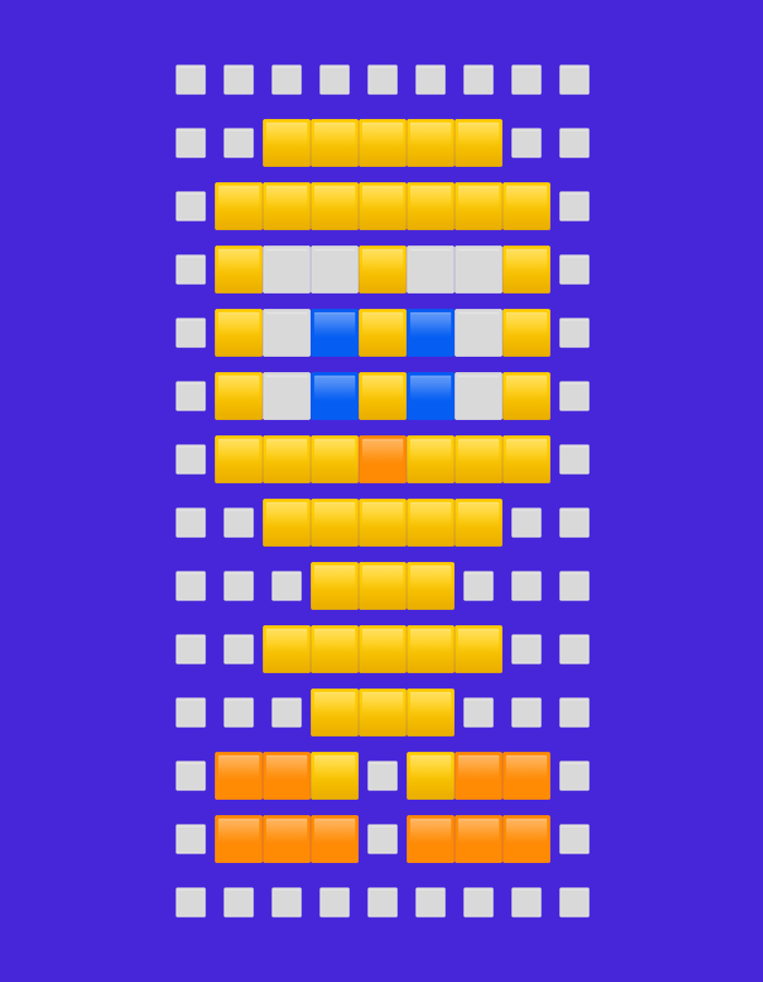 The image displays a pixel art character set against a solid royal blue background. The character is composed of numerous small, glossy square blocks, arranged in a grid pattern. This entire block-based figure is framed by an outer border of light gray square blocks.
The character's design is abstract but suggests a humanoid figure, utilizing a color palette primarily of yellow and orange, with accents of white and blue. The upper part of the character, resembling a head or hat, is mostly yellow. Below this, white blocks form the sides of the head. Two distinct pairs of blue blocks serve as the character's eyes, separated by yellow blocks. A single orange block is centrally positioned below the eyes, appearing as a mouth or nose. The 'torso' and 'arms' of the character are predominantly constructed from yellow blocks, forming a wider mid-section. The lower portion of the figure, likely representing legs or lower clothing, is made of orange blocks.
The aesthetic is reminiscent of retro 8-bit video game graphics or simplified digital avatars. The character is presented in a static pose, with no specific activity taking place. There are no notable details regarding time of day, weather, or specific location cues within the image. No visible text is present.