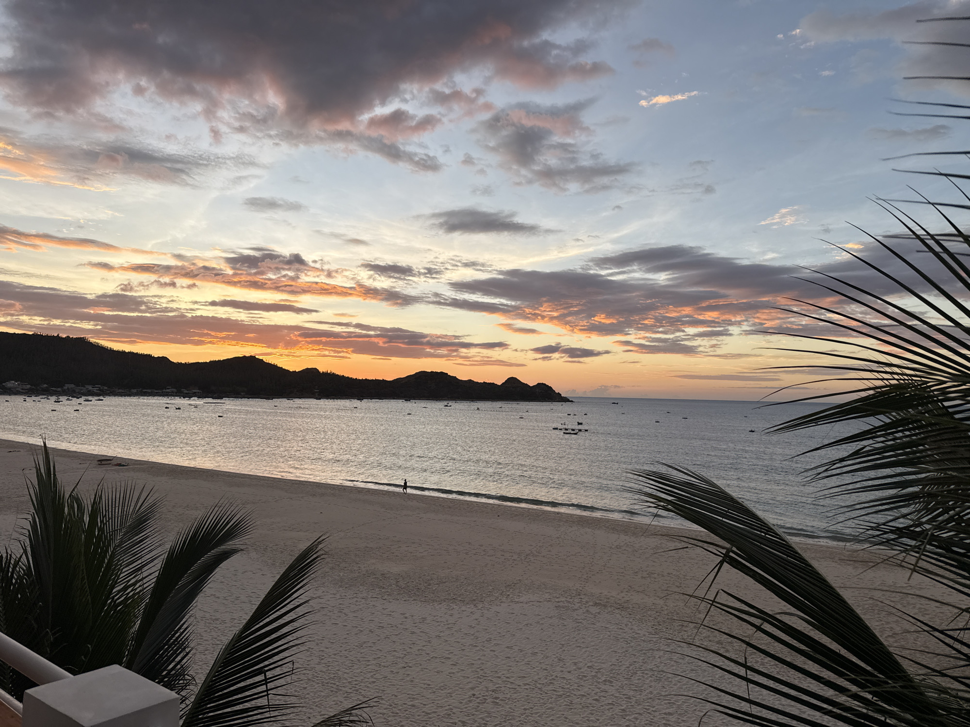 A wide shot of a serene beach at sunset shows a tranquil scene. In the foreground, lush green palm fronds gently frame the view, their delicate leaves creating a natural border. Beyond them, a pristine sandy beach stretches towards the calm ocean. A lone figure walks along the shoreline, their silhouette a dark contrast against the soft sand. The water is a muted blue, reflecting the warm hues of the sunset. Small boats are scattered across the sea, adding a touch of life to the expansive seascape. In the distance, a chain of dark hills forms a dramatic backdrop, their outlines softened by the fading light. The sky above is a canvas of color, with streaks of orange, pink, and gray clouds merging into a breathtaking sunset. The overall atmosphere is one of peace and natural beauty.