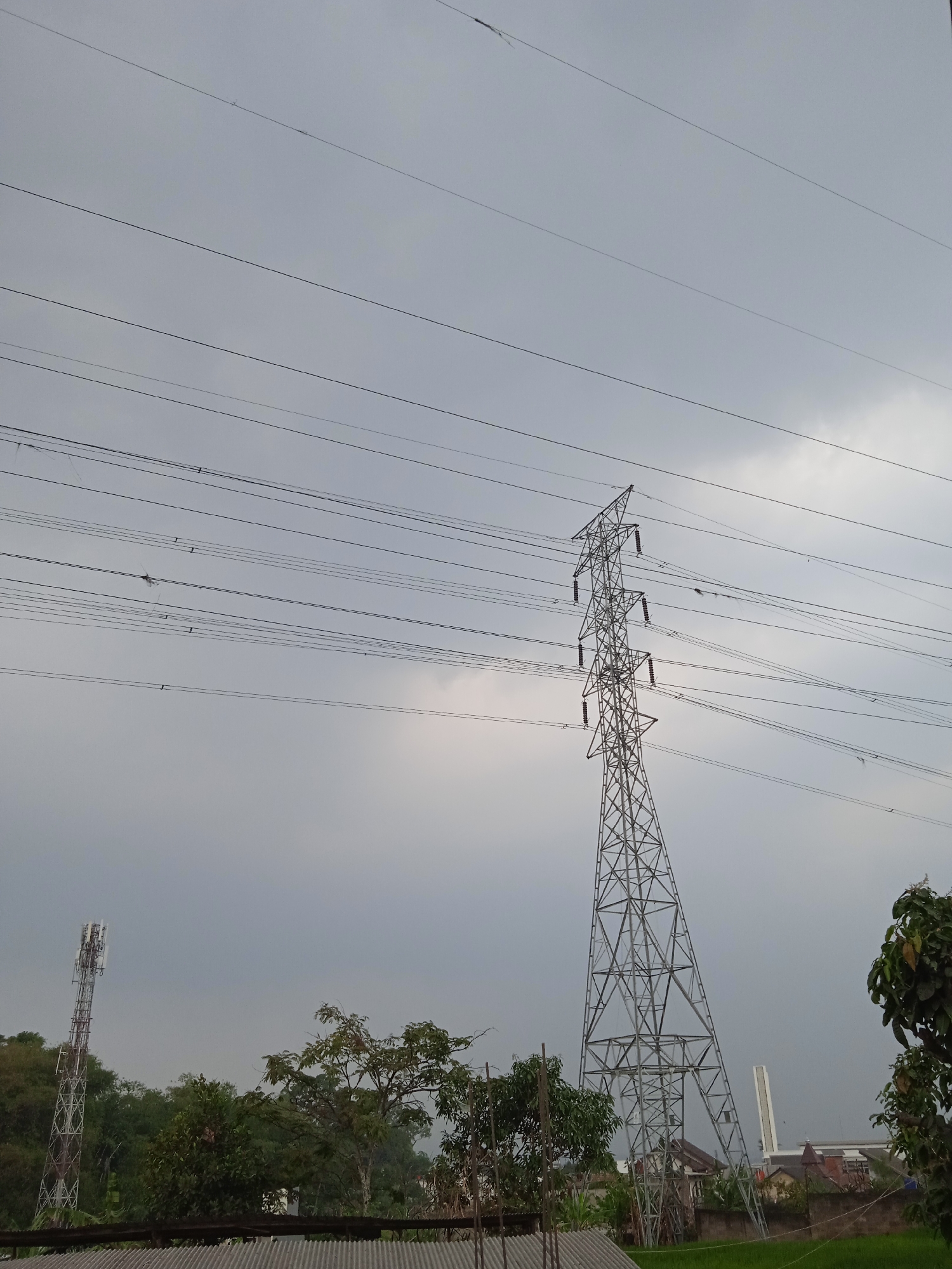 The image captures a scene under an overcast sky, likely in or near Cileunyi, Indonesia, characterized by the presence of significant electrical infrastructure and vegetation. The central focus is a towering, lattice-style electrical pylon, its metallic structure stark against the muted sky. Multiple power lines extend horizontally from the pylon across the frame.
To the left, a telecommunications tower, also a lattice structure, stands shorter than the electrical pylon. Between the towers and towards the background, a dense arrangement of trees and foliage is visible, suggesting a semi-urban or rural fringe environment. Some of these trees appear to be fruit-bearing, with visible leaves and branches.
In the lower portion of the image, elements of human construction are present, including what appears to be a corrugated roof or building structure in the foreground, and in the middle ground, a low wall and the rooftops of several houses. A patch of green, possibly rice paddies or a cultivated field, is discernible beyond the wall. The overall atmosphere is somber due to the cloudy conditions, and there are no people visible in the frame. The image composition emphasizes the scale of the infrastructure against the natural elements.
