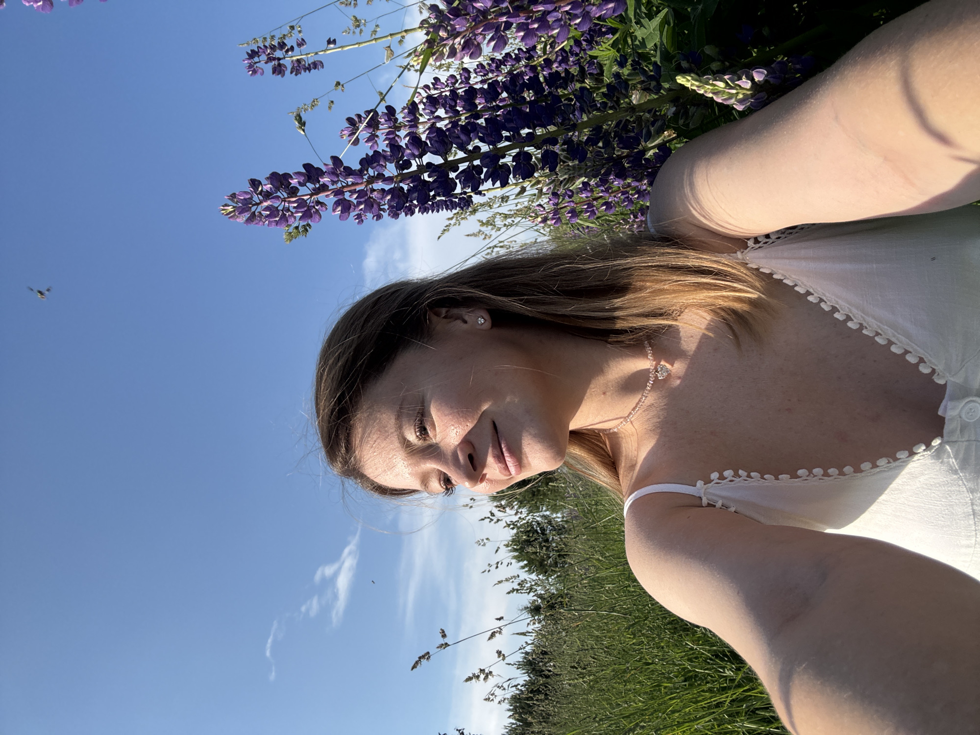A blonde woman is taking a selfie in a field of lupines under a clear blue sky with scattered white clouds. She is wearing a white dress with thin straps and a pearl necklace with a heart pendant. The sun is shining, casting a warm glow on her face and right arm. The background shows a dense field of tall green grass and trees. In the upper left corner of the sky, there are two small dark objects that appear to be insects. The location is specified as Van'ki, Russia.