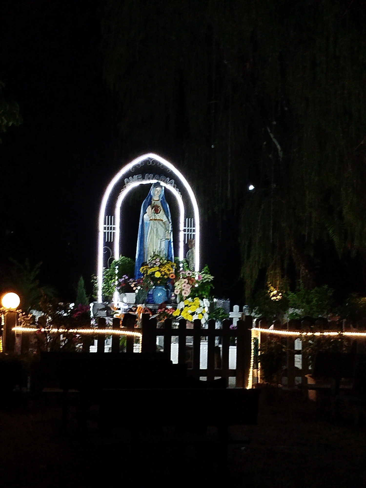 At night in Lạc Dương, Vietnam, a statue of the Virgin Mary stands inside an illuminated arch labeled "AVE MARIA". The statue is surrounded by flowers and greenery. A white picket fence decorated with lights borders the scene. A lamppost with an orange light is visible to the left. Trees and shadows dominate the background.