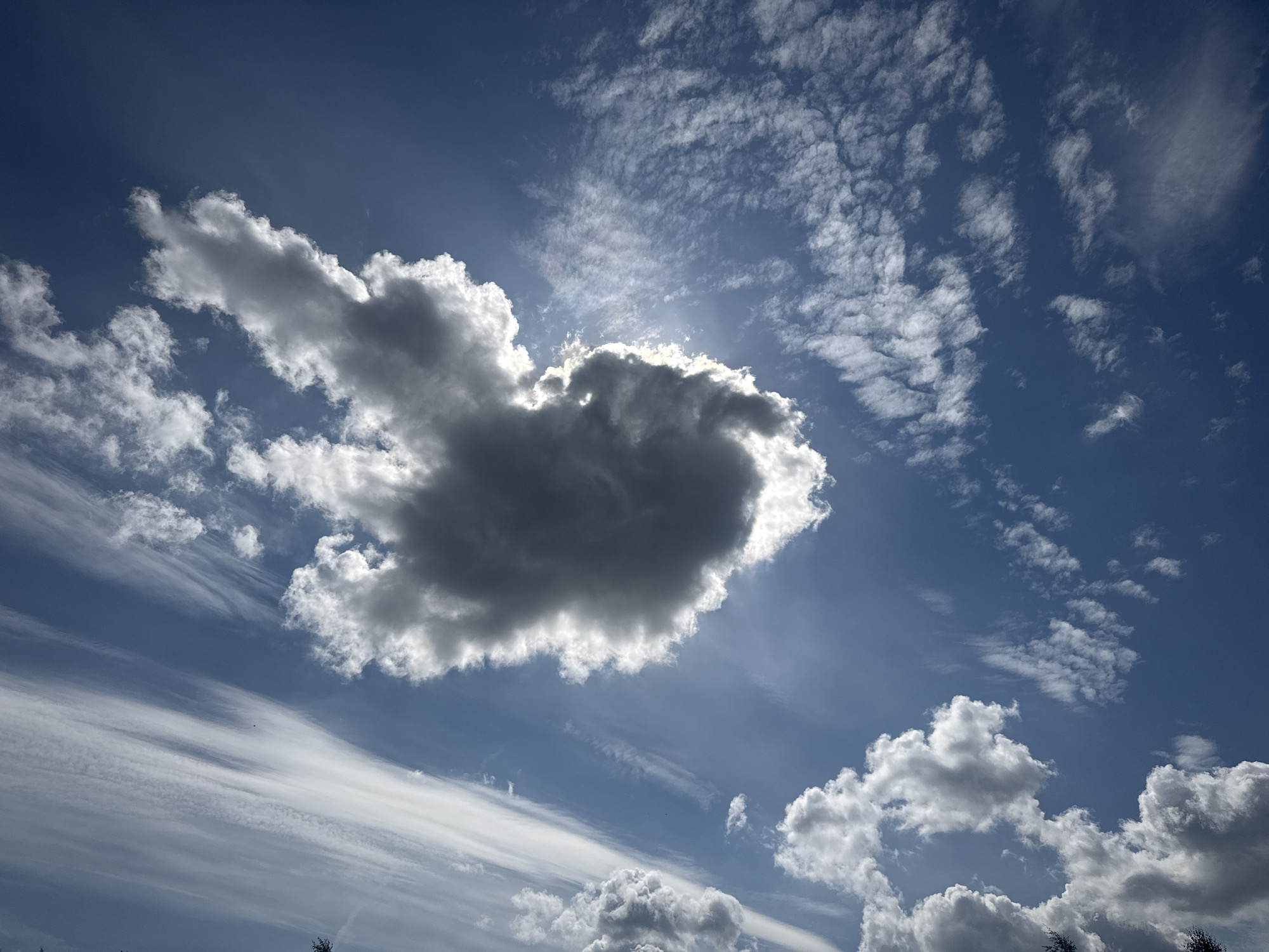 A cloudy sky with the sun peeking through a large, dark cloud. The sky is a vibrant blue, with thinner, wispy clouds scattered throughout. The sun is partially obscured by the large cloud, casting rays of light across the sky. The image appears to be taken from a ground-level perspective, looking upwards. No specific details about the city of Lyady, Russia are visible in the image.