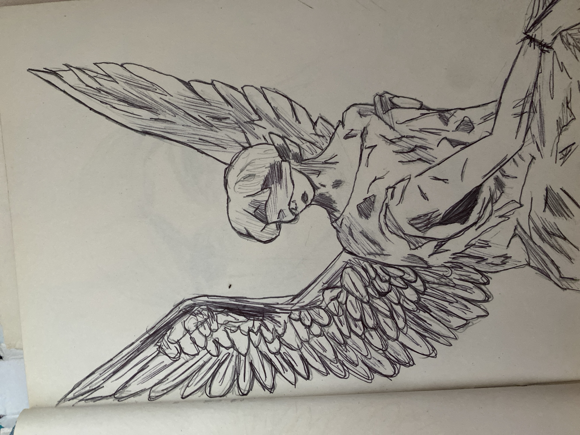 The image is a pen-and-ink sketch of a winged figure, possibly an angel or a statue, depicted in a rough, unfinished style. The figure has large, feathered wings extending outwards. The face of the figure is obscured by a blindfold, and its body is draped in loose, tattered clothing. The drawing is on a page that appears to be from a sketchbook, with the edge of another page visible on the left. The background is plain, suggesting a focus on the central subject. There is no indication of any specific location within the city of Zhmerynka, Ukraine, or any other geographical context.