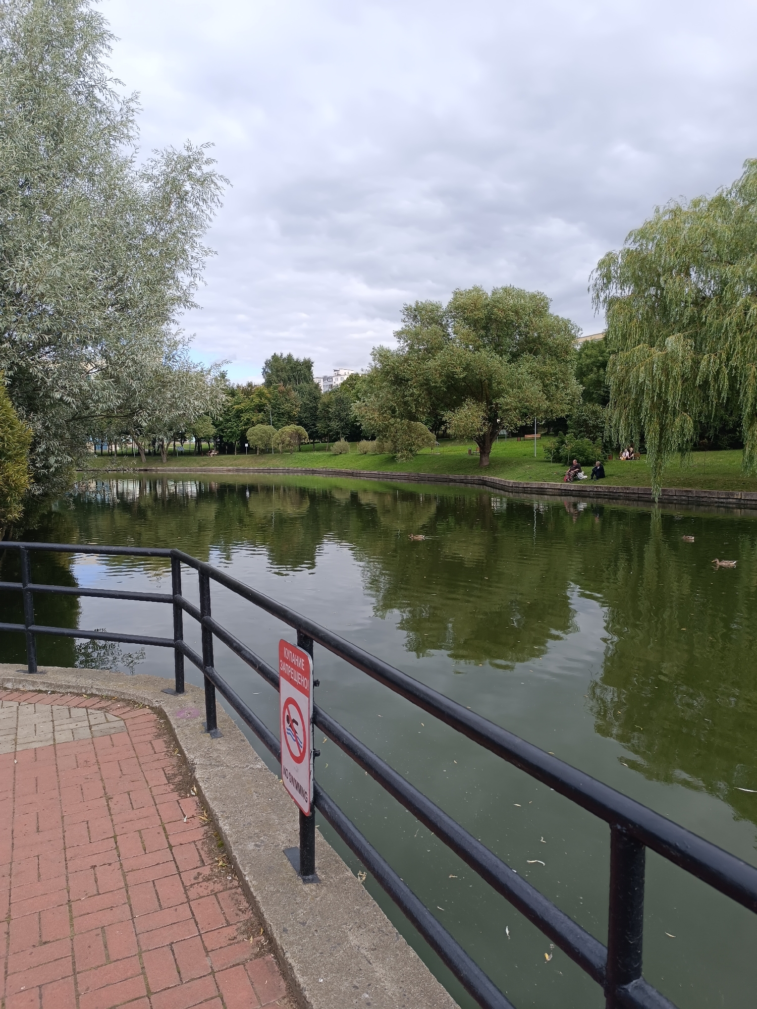 A vertical, eye-level, full shot shows a tranquil park scene in Minsk, Belarus, featuring a pond and lush greenery. The foreground is dominated by a black metal railing bordering a brick pathway on the left. A red and white sign with a prohibition symbol and text in Cyrillic reads "SWIMMING PROHIBITED." On the pond's far bank, people are seated on the grass amidst trees. Ducks are visible swimming on the green, reflective water. The sky is overcast with grey clouds. The overall impression is one of a peaceful urban park.