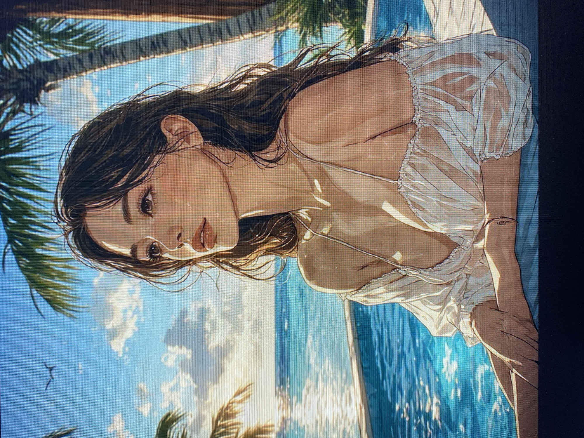 A digital illustration depicts a young woman with long, dark, wavy hair, looking to her left with her head tilted slightly upwards. She is wearing a light-colored, off-the-shoulder top with ruffled detailing around the neckline and sleeves. Her skin is a light tan, and she has brown eyes and full lips. She is seated beside a bright blue swimming pool, with her arms resting on the edge. The background features a body of water that reflects the sunlight, with a clear blue sky dotted with white clouds above. Palm trees frame the scene, with one tall, textured palm trunk visible on the right. There is a small bird flying in the upper left corner of the sky. The overall setting evokes a tropical or vacation ambiance. There is no discernible connection to the city of Yerevan, Armenia.