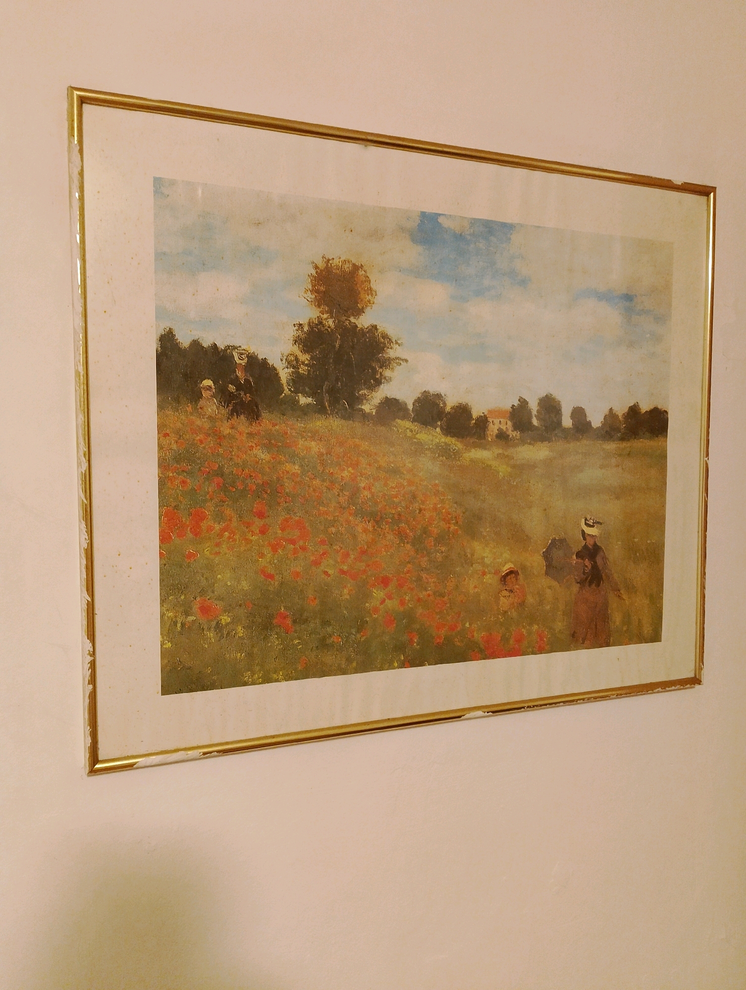 A framed painting is hanging on a light-colored wall. The painting depicts a field of red poppies under a cloudy sky, with trees and a building in the background. In the foreground, there are several figures, including a woman in a hat holding a parasol and a child. The painting's frame is golden and appears to be damaged in places, with peeling material along the left edge. The image of the painting itself has a slightly aged or distressed appearance. The scene is likely indoors, given the presence of the wall and the way the painting is displayed. The prompt specifically asks to include the location of Herceg Novi, Montenegro, but there is no visual information within the image to confirm this location.