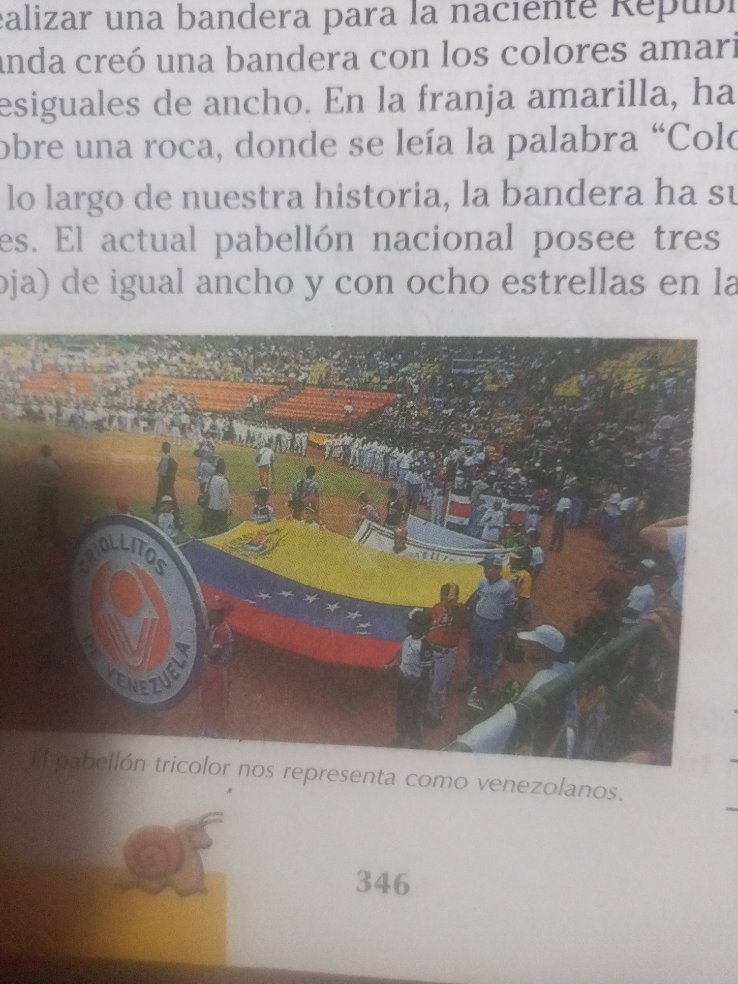 The image shows a page from a book or magazine featuring text and a photograph. The photograph depicts a scene at a baseball stadium in Venezuela. In the foreground, a large Venezuelan flag is unfurled, with several people, including children, holding it. A circular emblem that reads "CRIOLLITOS DE VENEZUELA" is prominently displayed on the flag. In the background, a crowd of spectators fills the stadium seats, and players in uniform are visible on the field. The text on the page discusses the creation of the Venezuelan flag and its symbolism, mentioning its yellow, blue, and red stripes and eight stars. The lower part of the page includes an illustration of a snail and the number "346", likely a page number. The overall scene suggests a patriotic event or celebration related to Venezuelan identity and its national symbols.