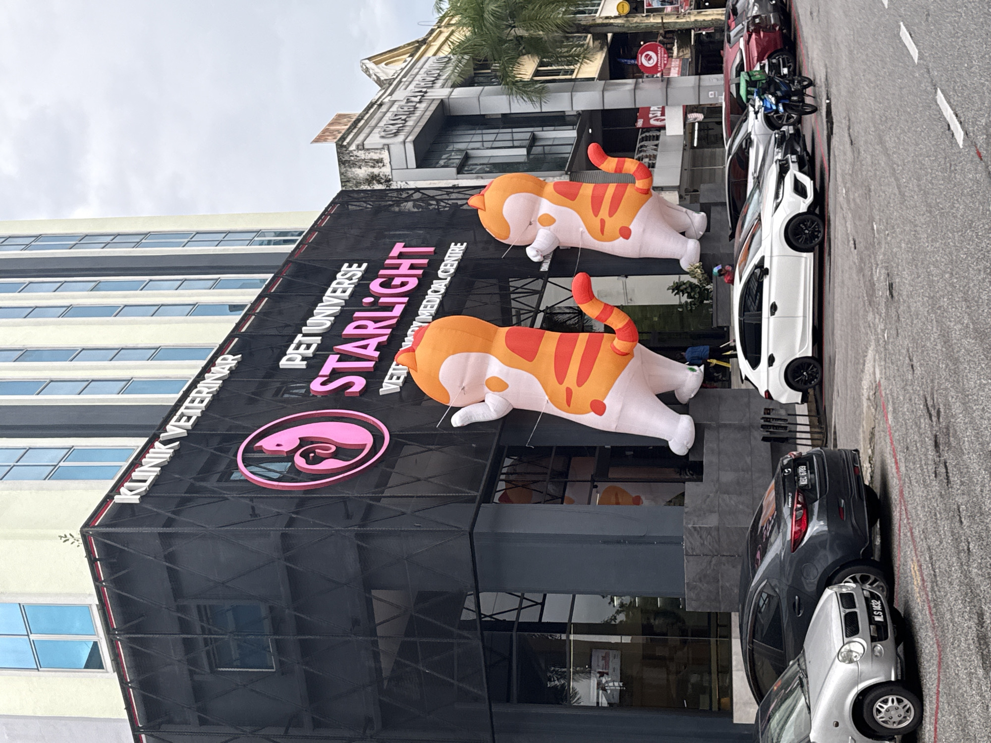 The image depicts the exterior of a veterinary clinic called "Pet Universe Starlight," located in Ampang Jaya Municipal Council, Malaysia. The building is modern with a black facade and large signage featuring the clinic's name and a pink cat logo. Two large inflatable orange and white cat figures are positioned on the roof. Parked along the street are several cars, including a white car, a dark grey car, and a silver car. A few motorcycles are parked near the white car. The street is paved, with visible road markings. Other buildings and a pharmacy are visible across the street, as well as some trees and a cloudy sky.