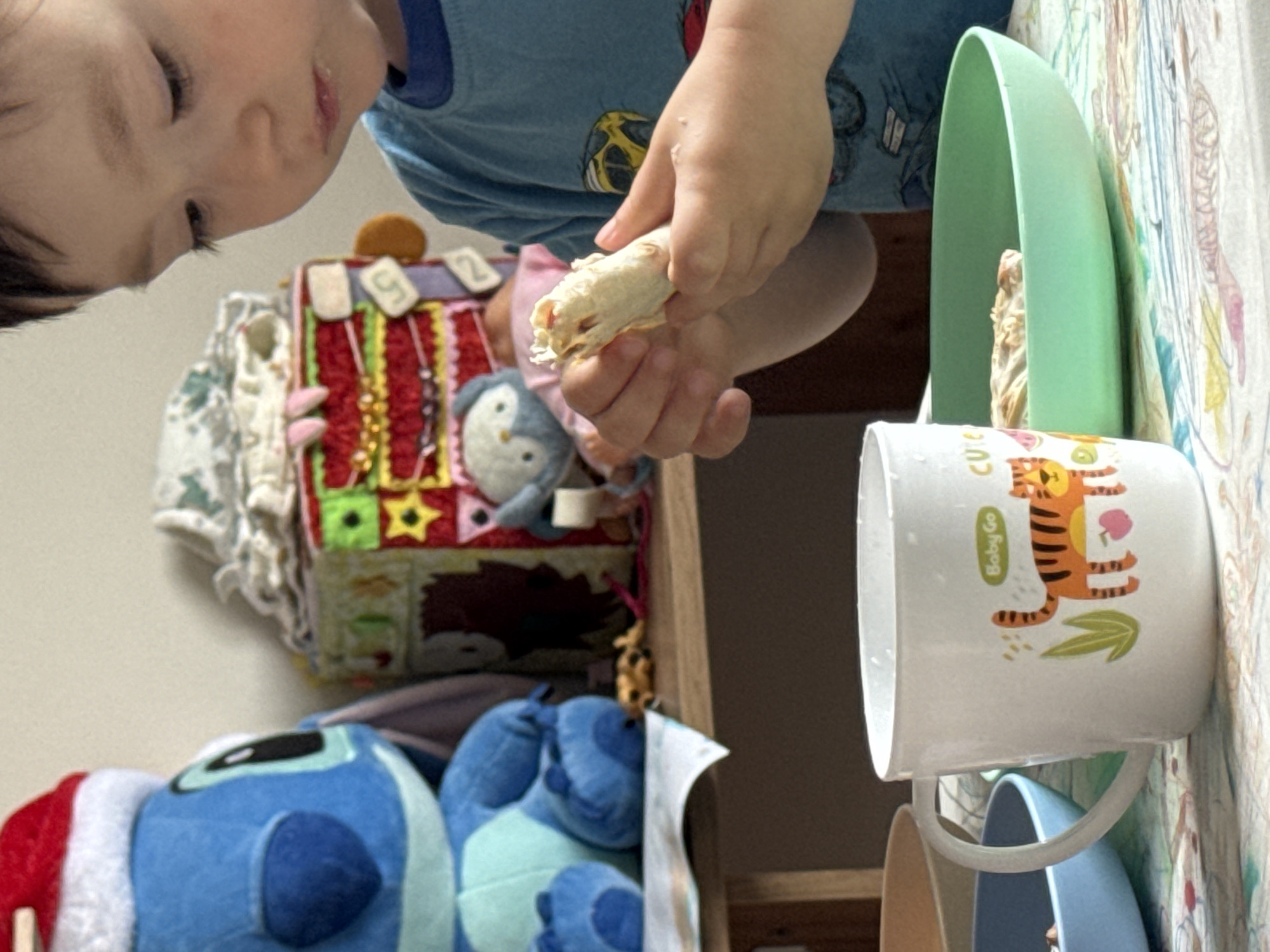 An indoor scene depicts a young child consuming food, set against a cluttered background of toys and household items. The location in Izhevsk, Russia, cannot be determined from the image.
In the foreground, a white plastic mug with a handle is positioned on a multicolored patterned tablecloth. The mug features a "Baby Go" logo and an illustration of an orange tiger with black stripes alongside a green plant and a pink apple. To the left of the mug, parts of two shallow bowls are visible: one light brown and one light blue. To the right, a light green plate or shallow bowl contains another piece of food similar to what the child is holding.
A young child, likely a toddler, is centered in the midground, wearing a short-sleeved blue t-shirt with a yellow and black cartoon vehicle graphic. The child's dark hair is parted on the side. Both hands hold a small, wrapped food item, possibly a soft taco or roll, which appears partially eaten. The child's gaze is directed downward at the food, and a small smudge is visible on the upper lip.
The background reveals a wooden shelf against a plain, light-colored wall. On the left side of the shelf, a large blue plush toy resembling Stitch from Disney's "Lilo & Stitch" is seated, adorned with a red and white Santa hat. To the right of the Stitch toy, an elaborate activity cube or "busy board" with various colorful sections, numbers (e.g., '5', '2'), and decorative elements (stars, beads) is visible. Further to the right and partially obscured, a smaller plush toy resembling a white penguin or owl with blue features, and a small doll in pink clothing, are present. A light-colored, possibly patterned, fabric item is draped over the activity cube. A thin, dark-colored cord or strap extends from beneath the activity cube towards the right.