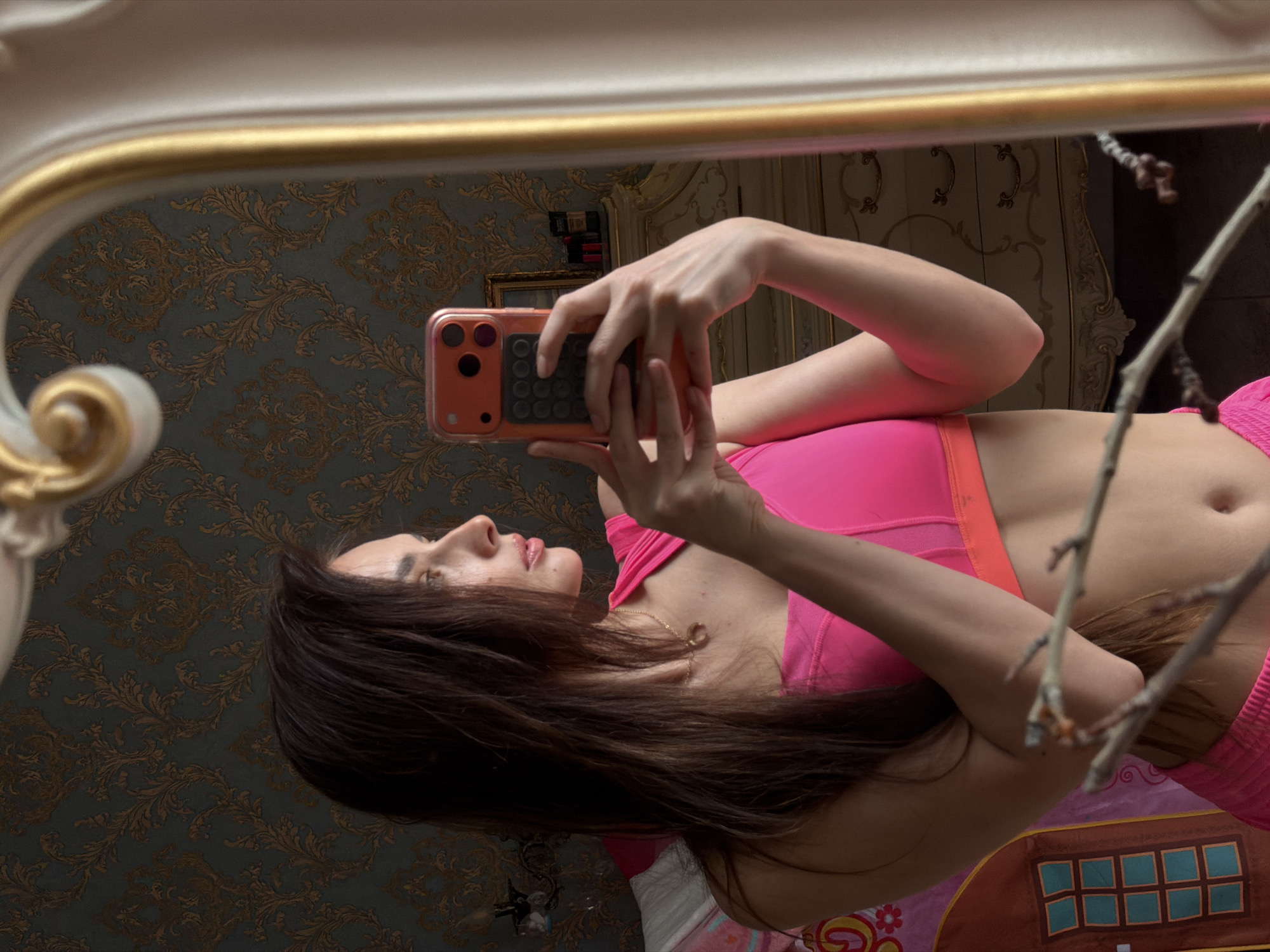 In an indoor scene, a woman with long, dark hair is captured in a mirror selfie. She is wearing a bright pink sports bra with an orange band and pink shorts. She holds an orange phone with a black grip accessory up to take the photo. Her gaze is directed towards the phone's screen, and her left arm is bent as she holds the phone.
The background visible in the mirror reveals a wall with a dark, damask-patterned wallpaper. To the right, a gilded mirror frame is prominent, framing the reflection. Further in the background, a dresser with ornate details and drawers is visible, along with some bottles on its surface. To the left of the woman, a portion of a bed with patterned bedding is seen, and a large, brown, stylized drawing of a house with windows is on the wall behind her. In the foreground, two bare branches with small buds extend from the bottom, partially obscuring the view of the woman's lower body and the background. The lighting suggests an indoor environment, possibly a bedroom or dressing area. The scene is devoid of any contextual clues indicating its specific location within a city or country.