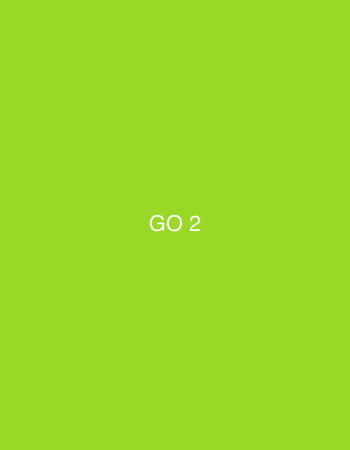 The image displays the text "GO 2" in a white, sans-serif font centered on a vibrant lime green background. The text is positioned in the lower half of the frame. There are no people, objects, or discernible environmental features present in the image. The setting does not provide any information that can be used to determine its location in the city of Zvezdara Urban Municipality, Serbia.