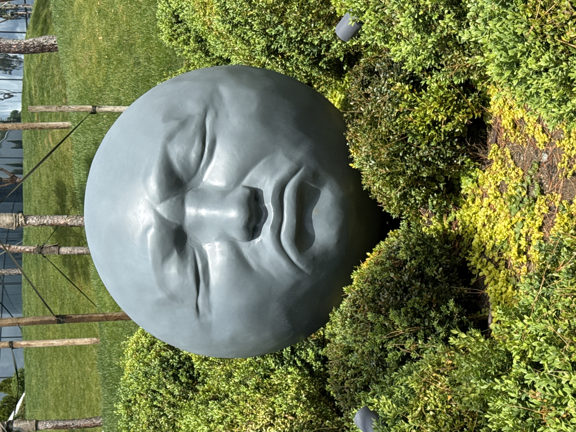 The image features a large, gray, spherical sculpture of a human face with eyes closed and a somewhat melancholic expression. The sculpture is positioned in a garden setting, surrounded by dense green bushes and patches of grass. In the background, there is a suggestion of a building and some wooden structures. The image does not depict any people or actions. Given the prompt, the location is presumably in Krasnodar, Russia.