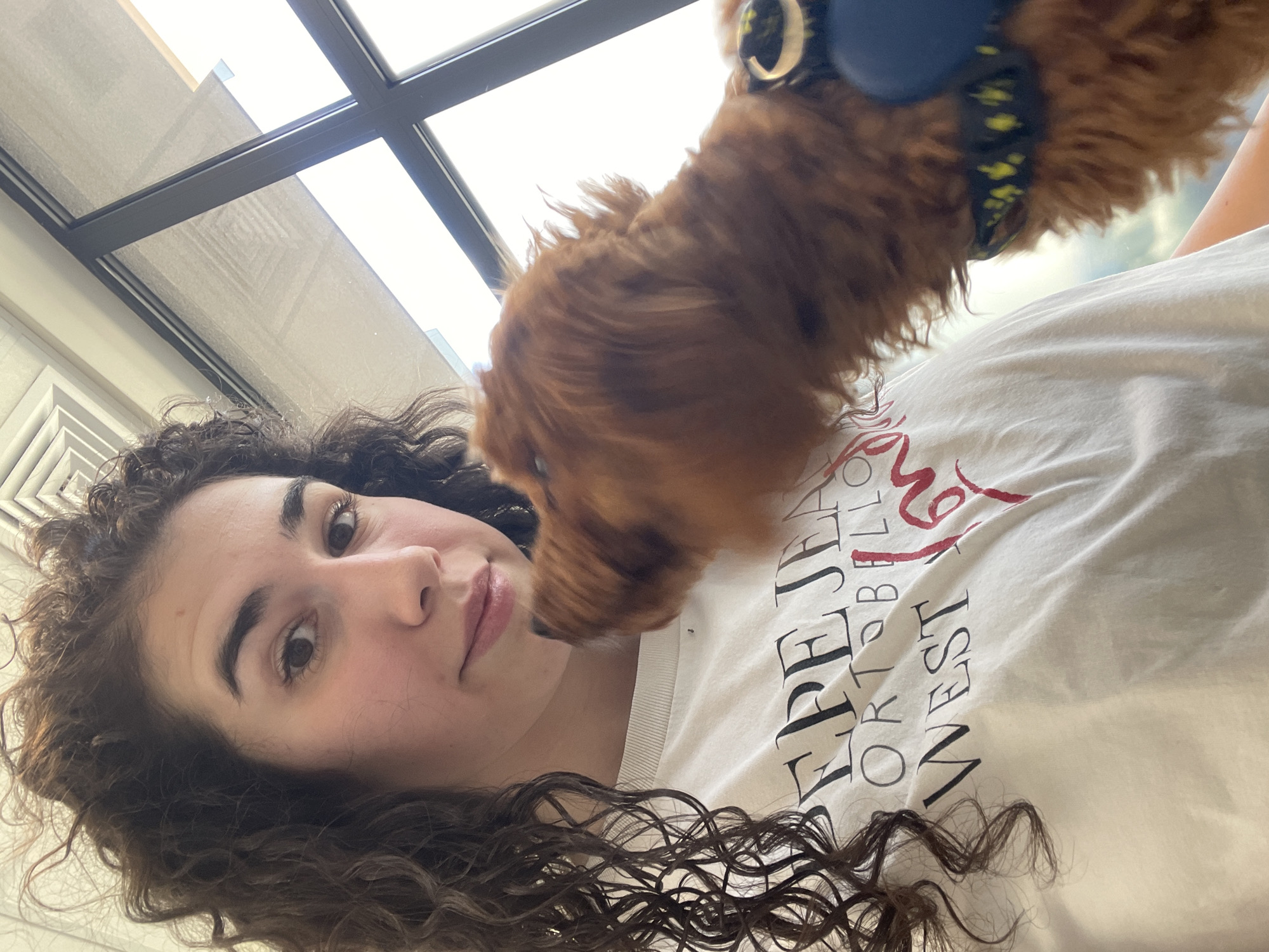 A woman with dark curly hair is lying down, taking a selfie. A brown, fluffy dog with a blue harness is positioned above her, appearing to be interacting with her face. The woman is wearing a white t-shirt with black and red lettering. Behind them is a window with a black frame, allowing daylight into the room. There is no indication of the location being Sofia, Bulgaria.