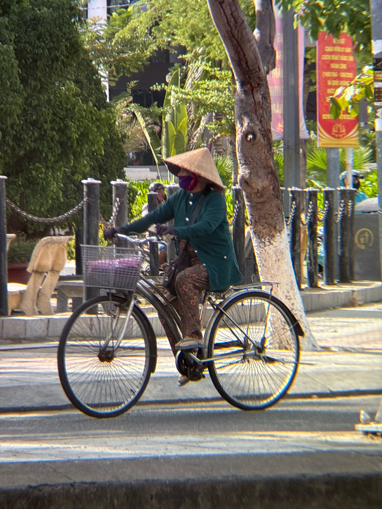 A woman wearing a conical hat and a face mask rides a bicycle along a paved path in Nha Trang, Vietnam. She is wearing a green jacket and patterned pants. The bicycle has a basket with purple items inside. The woman is holding the handlebars, and her hands are gloved. Behind her, a tree with white markings on its trunk stands near a metal fence. In the background, there are buildings, more trees, and a red sign with text. The sun is shining, casting shadows.