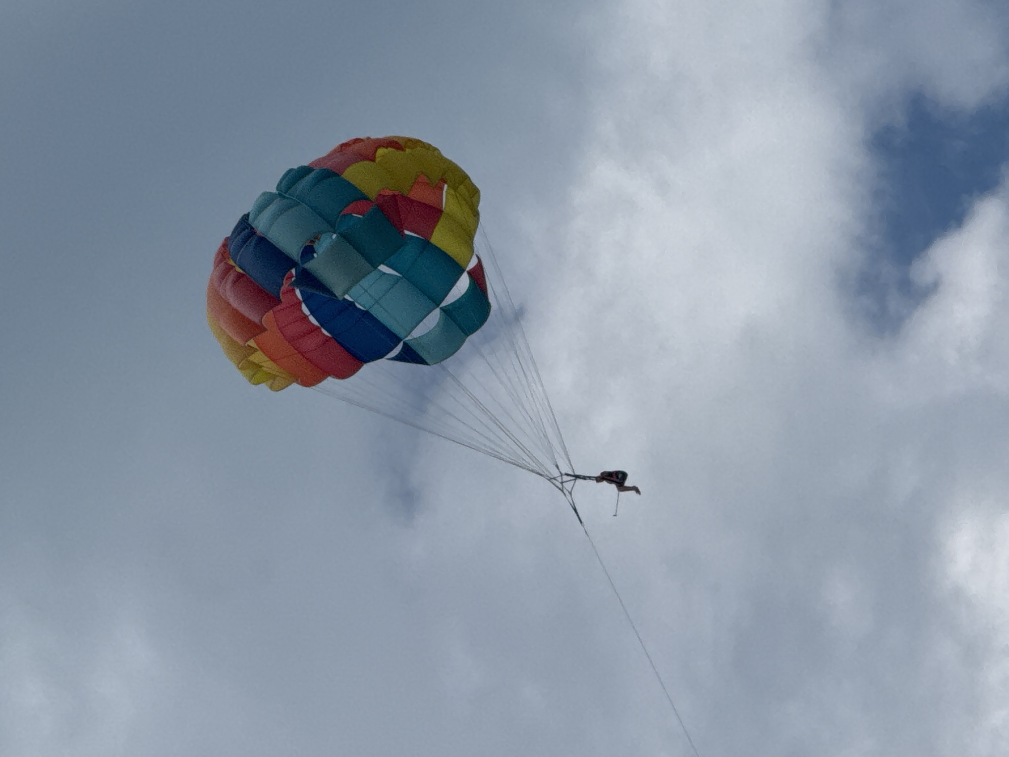 A person is parasailing high in the sky, with a colorful parachute overhead against a cloudy sky. The parachute is a vibrant mix of red, orange, yellow, blue, and teal panels. Below the parachute, a person is suspended by harness and ropes, their legs dangling freely. The person is wearing dark clothing. The sky is overcast with patches of white clouds and hints of blue. The scene is likely set over the Black Sea near Sochi, Russia, a popular location for watersports.