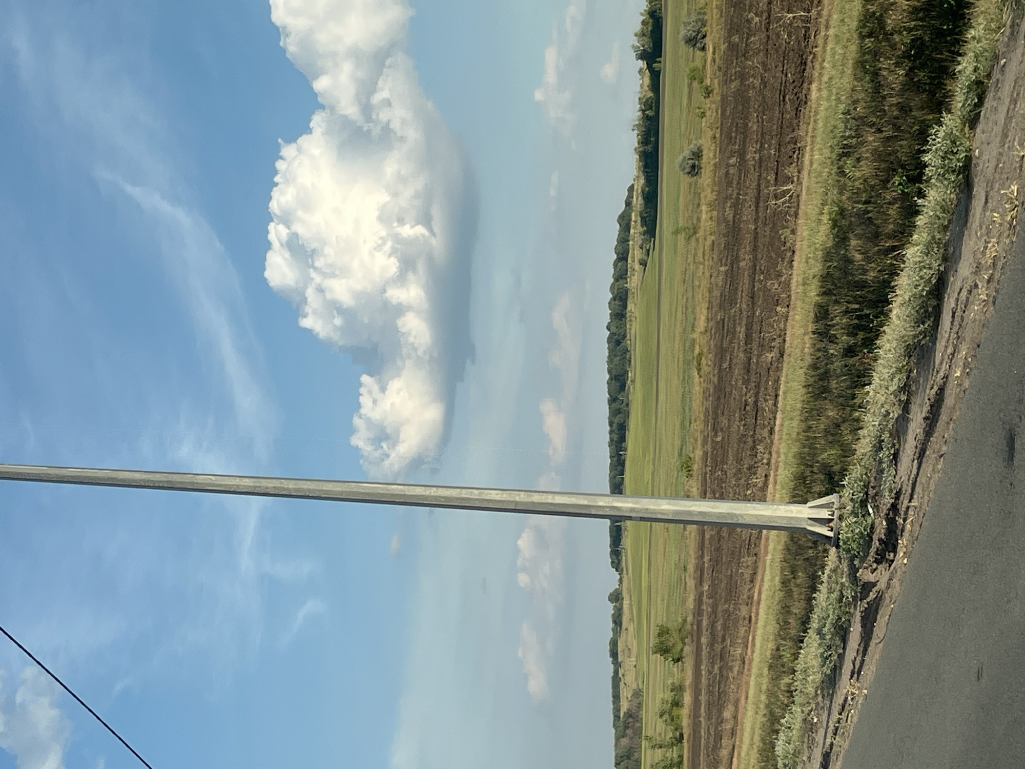 A wide shot shows a rural landscape under a blue sky dotted with white clouds. A tall, slender gray utility pole dominates the left side of the frame. The pole is positioned in front of a field divided into sections of dark, tilled soil and green crops. In the distance, a line of trees forms a dark border along a gentle hill. The foreground shows a paved road on the left and a grassy verge along the field's edge. The scene appears to be located in Saratov, Russia, given the typical rural scenery and cloud formations. There are no people or animals visible in the image.