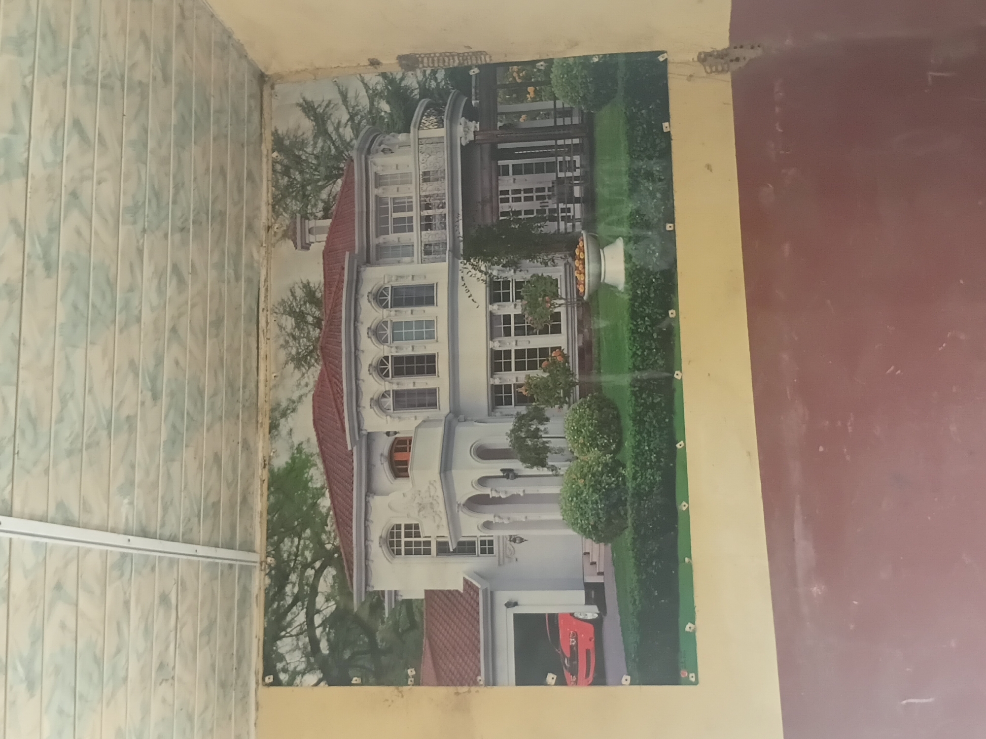 This image captures an interior scene on a wall in Jalingo, Nigeria. The upper portion of the frame shows a ceiling composed of horizontally aligned white PVC panels with a light greenish-blue swirled or marbled pattern. A central white strip, likely a joint cover or track, runs vertically down the middle of the ceiling, secured by small fasteners.
Below the ceiling, a large rectangular poster or mural is affixed to a wall. The poster depicts a grand, two-story white house with a prominent red tiled roof. The architecture features multiple arched and rectangular windows, decorative trim, balustraded balconies, and a columned entrance. On the left side of the house, a garage is visible, housing a red muscle car, consistent with a Dodge Challenger. The foreground of the poster shows a meticulously maintained lawn, neatly trimmed hedges, and various ornamental shrubs. A large, ornate silver-colored planter filled with orange-colored fruit is centrally positioned on the lawn. Lush green trees form a natural backdrop behind the house. The poster is secured to the wall with multiple small, white, square-shaped fasteners visible along its perimeter.
The wall itself is painted in two horizontal sections: an upper section in a light yellow or beige immediately bordering the poster, and a lower section painted a dark reddish-brown or maroon. The wall exhibits some minor scuffs and marks, particularly on the lower section, and some rough or damaged patches are visible on the wall in the upper right corner of the frame.
