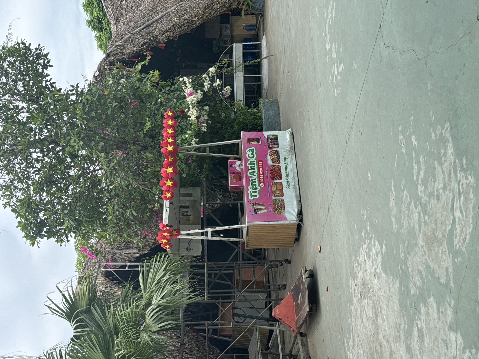 The image depicts an outdoor scene in Hoa Lư Ward, Vietnam. In the foreground, a pink and white food cart is set up, displaying various food items and beverages. The cart has signage with Vietnamese text and images of drinks and food. Above the cart, a string of red and yellow star decorations hangs, possibly indicating a festive occasion. Behind the cart, a thatched-roof structure is visible, suggesting a rustic or traditional architectural style. To the left, a red hand truck and a metal trolley are present, indicating potential loading or unloading activities. Lush green trees and foliage surround the area, with blooming pink and white flowers adding color to the scene. The ground is paved with concrete, showing signs of wear and tear. The overall impression is that of a casual outdoor food vendor operating in a tropical or subtropical environment.