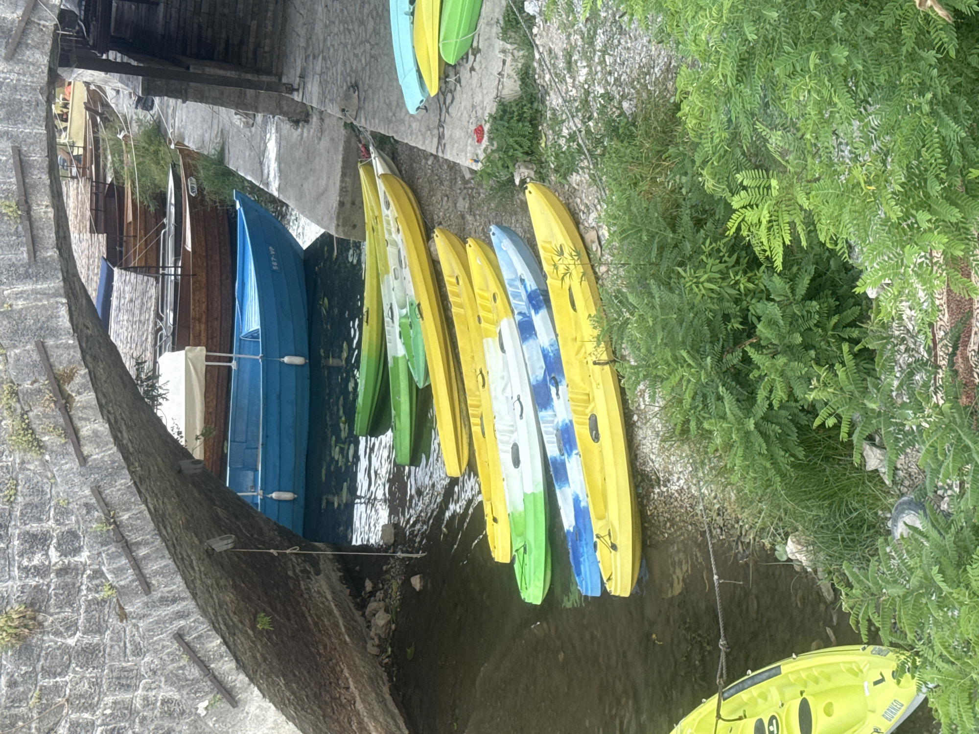 The image displays a collection of kayaks and boats docked along a waterway in Virpazar, Montenegro. The scene appears to be outdoors, possibly during the daytime, with lush green foliage bordering the water. The kayaks are lined up, some are yellow, green, and blue, suggesting they are ready for use. One larger blue boat is also visible, seemingly a more substantial vessel than the kayaks.
The waterway itself appears calm, reflecting the surrounding greenery and the boats. The ground next to the water is covered in gravel and some stones. There are some stone structures in the foreground, possibly part of a bridge or embankment, adding to the rustic charm of the location.
There are no people visible in the image, and the focus is entirely on the vessels and the natural environment. The overall mood is serene and tranquil, evoking a sense of peaceful activity awaiting on the water. The scene is likely a rental spot for water activities, common in such picturesque locations.
Visible text on one of the kayaks appears to be "BORKED" and the number "1". The blue boat has the number "567-VP" on its side. The image is oriented vertically, suggesting it was taken with a phone in portrait mode and then rotated.