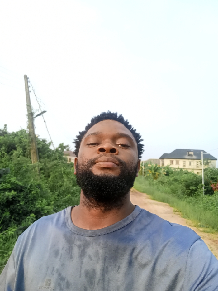 An outdoor, eye-level portrait in Magboro, Nigeria, features an adult male positioned centrally in the foreground. The man has a medium brown complexion, short dark curly hair, and a full dark beard and mustache. He is wearing a dark blue/grey short-sleeved t-shirt, visibly damp with sweat across the chest and shoulders. His eyes are open, directed towards the camera. The background consists of dense green foliage immediately behind him and to his left. A weathered wooden utility pole, partially covered in vines, with attached wiring and a light fixture, stands vertically on the left side, emerging from the vegetation. To the man's right, an unpaved dirt path extends into the midground, bordered by more green vegetation. In the far background on the right, a multi-story building with a dark roof is visible above the tree line. The upper half of the image is dominated by a bright, overcast sky.