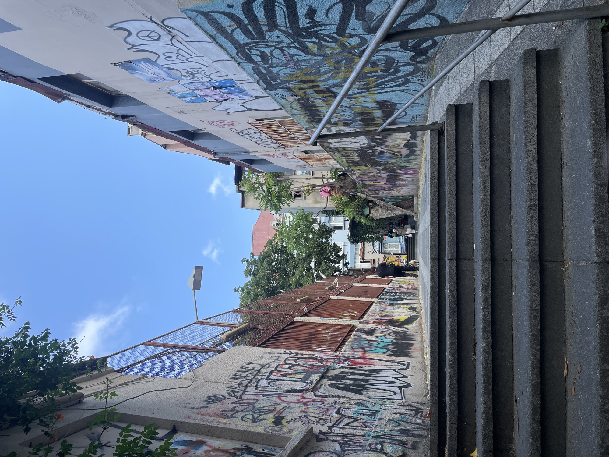 The image shows a narrow street in Kadıköy, Turkey, with graffiti-covered walls on both sides. A set of concrete stairs dominates the foreground, leading up to a street level where two people are walking their dogs. The walls are adorned with vibrant and extensive graffiti art, creating a dynamic and urban atmosphere. Trees and buildings are visible in the background under a clear blue sky with scattered clouds. The overall scene depicts a lively and artistic urban environment within the city of Kadıköy.