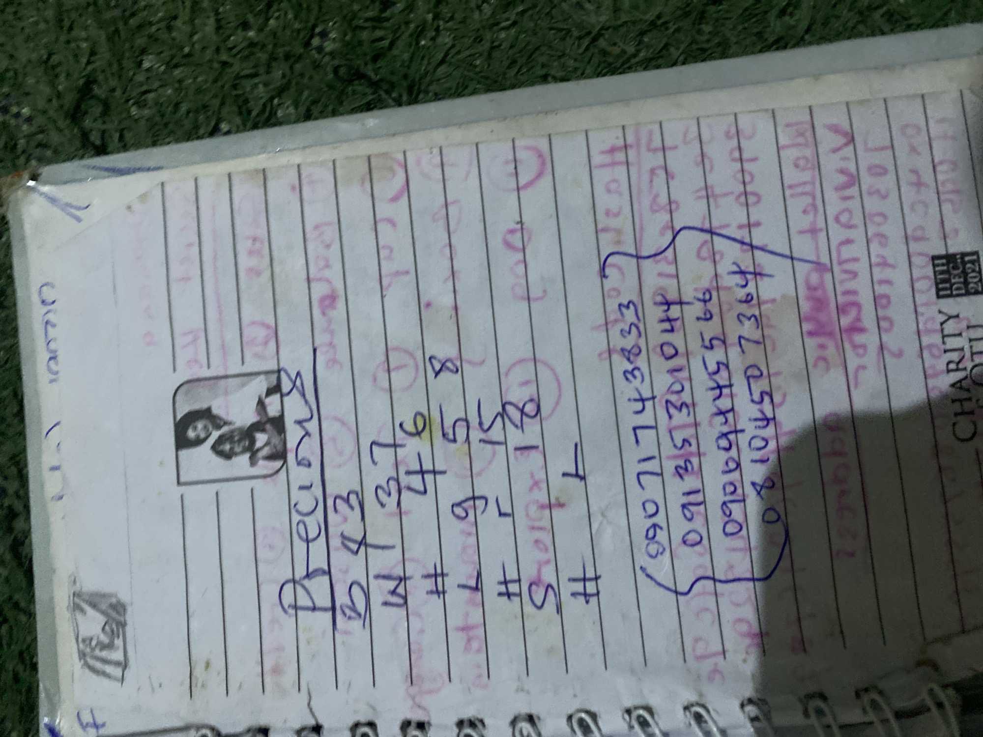 The image shows a close-up, eye-level view of a notebook with lined pages, resting on a green, artificial turf-like surface. The notebook appears to be spiral-bound on the left side. The pages are filled with handwritten text and some drawings, primarily in blue and purple ink, with some faint pink markings.
On the top part of the visible page, there is a small, crudely drawn sketch of what appears to be a figure inside a structure. Below this, the word "Precious" is written in cursive. There are numerical entries and some letters written below "Precious." For example, "B43", "W 37", "# 46", "Long 5 8", "# 15", "Stolg 18", and "# L". There is also a small, printed photograph of two individuals, possibly a mother and child.
Towards the bottom of the notebook page, a blue, curved bracket encloses a series of phone numbers. These are: "09071743833", "09135730104", "09069445566", and "08104507364". There are other faint markings and text visible on the pages, some of which are upside down. At the very bottom of the page, text like "CHARITY", "11TH DEC. 2021" is visible.
The overall impression is that of personal notes, possibly containing contact information and other miscellaneous writings. The context of Jalingo, Nigeria, is not explicitly visible within the image itself, but is provided as an external piece of information.