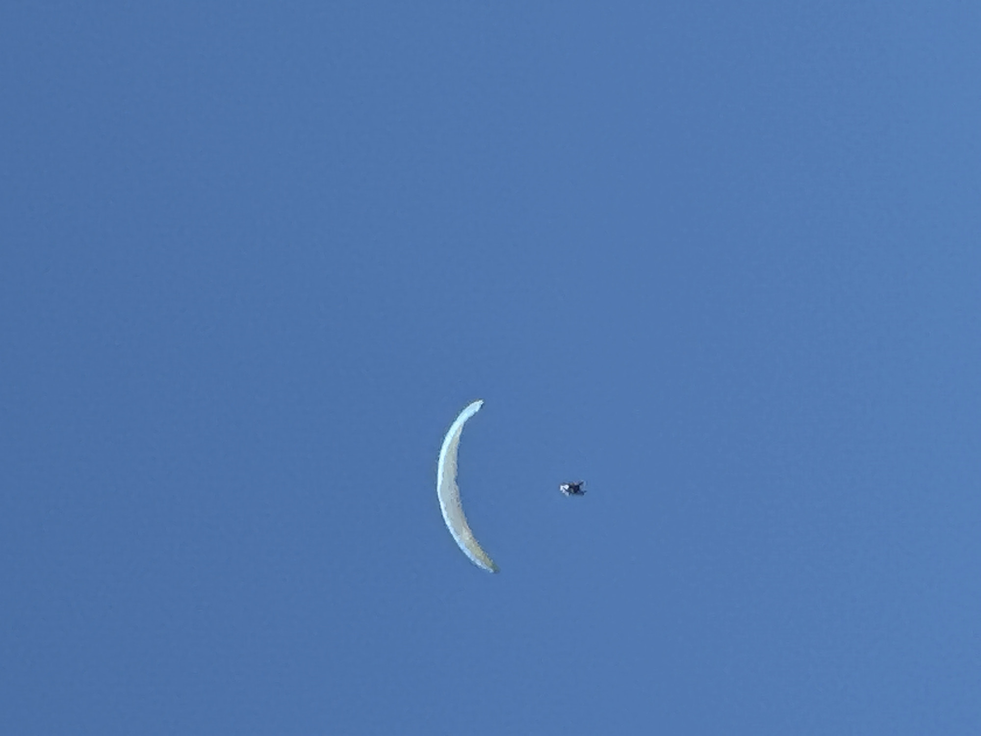 A paraglider is in the air against a clear blue sky. The paraglider, a light-colored wing, is curved and appears to be inflated. A small figure, presumably the paraglider pilot, is suspended beneath the wing. The scene is set in Bečići, Montenegro, indicated by the context of the query. There are no other visible objects or people in the frame. The lighting suggests it is daytime.