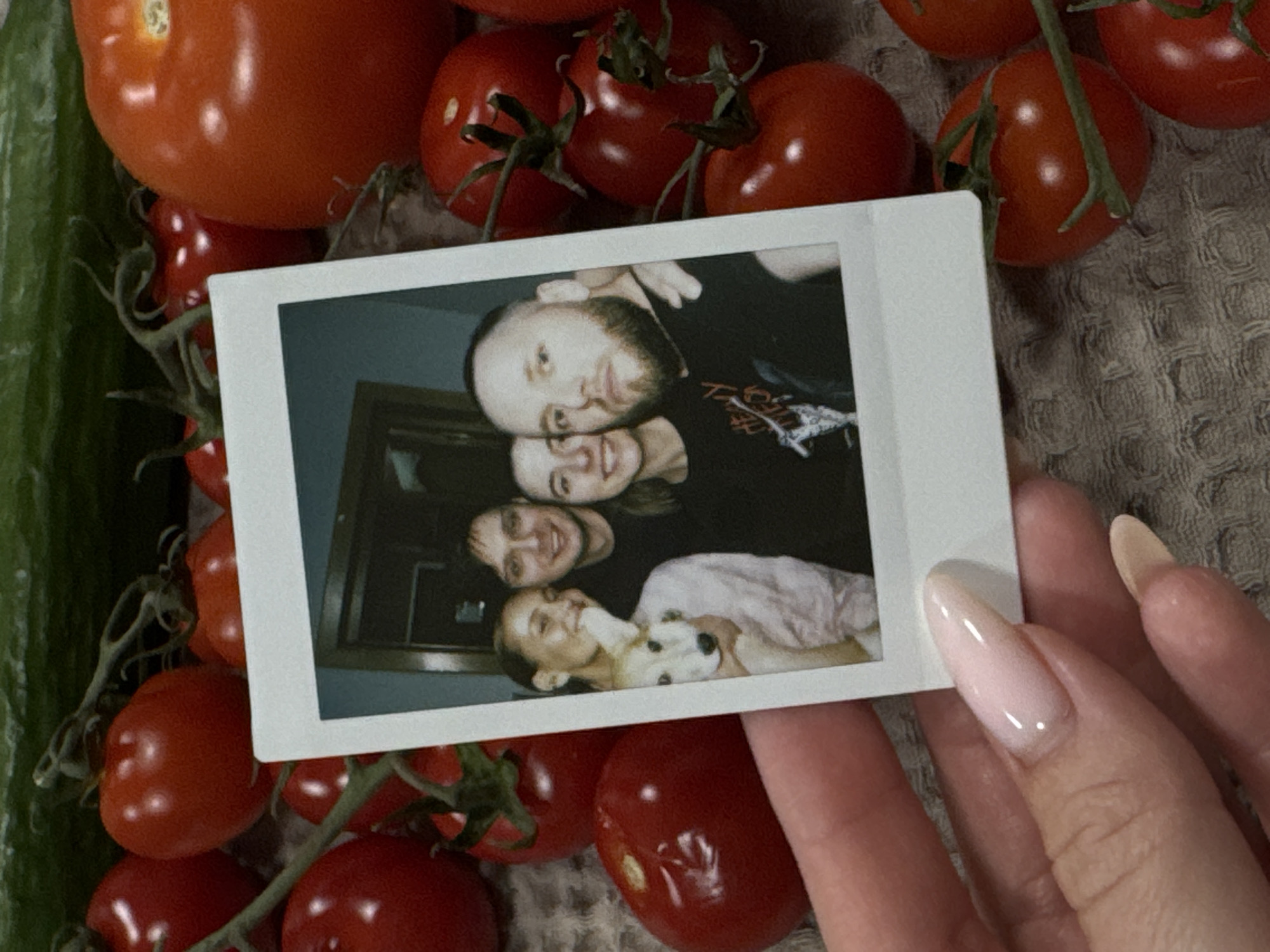 A close-up shot shows an instant photograph of four people and a dog being held over a collection of tomatoes and a cucumber on a textured surface. The photograph features a bald man with a beard, two women, and another man, all smiling. One of the women is holding a small, light-colored dog. The photo appears to have been taken indoors, possibly in a home. The background of the photo within the photo is indistinct but suggests a room with a door or doorway. The background of the overall image features fresh tomatoes, including some still on their stems, and a green cucumber on a light brown, textured background. A manicured hand with long, almond-shaped, light pink nails is holding the photograph. There is no indication of the location being Chaikovsky, Russia.